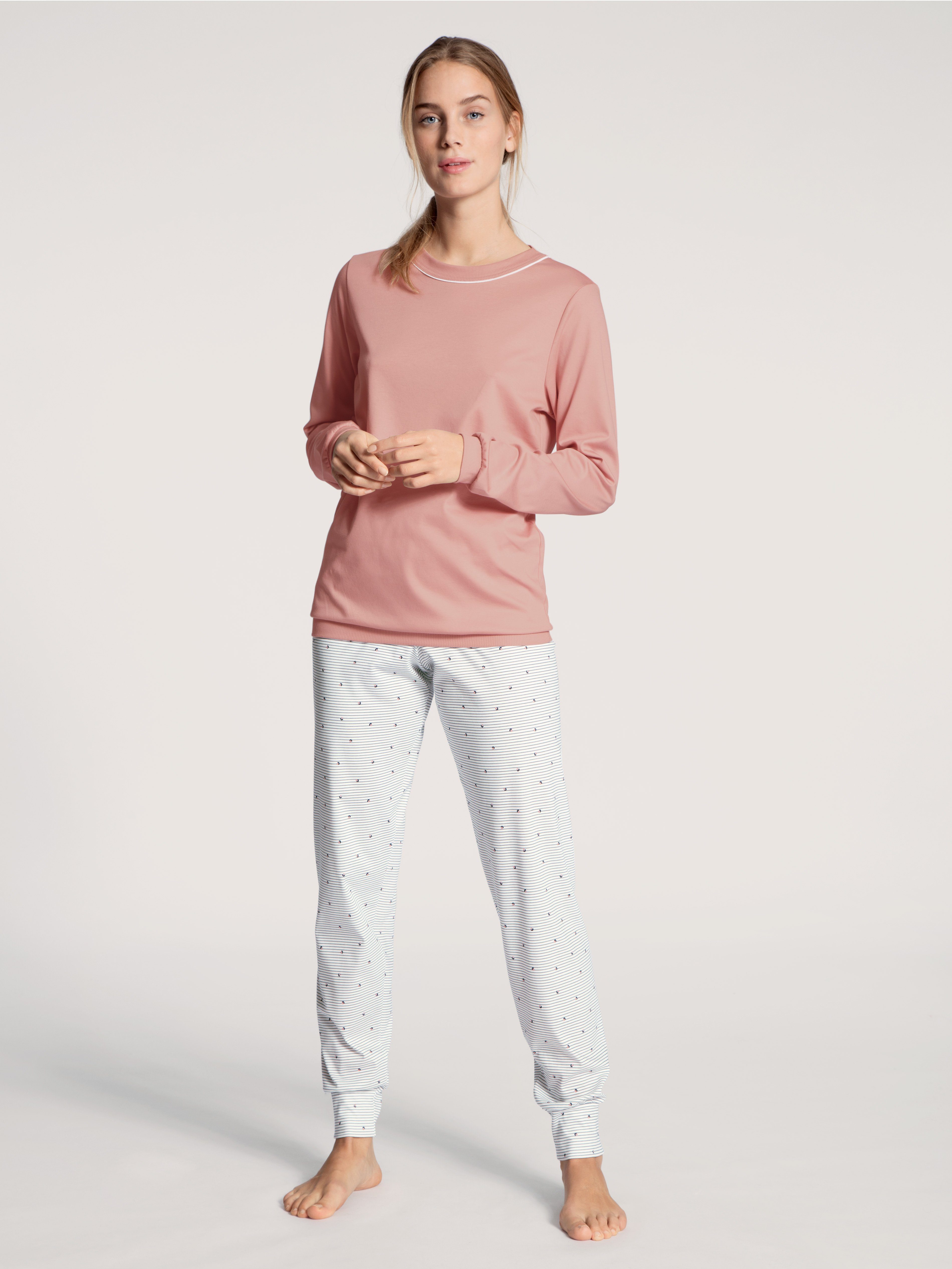 CALIDA Schlafanzug Sweet Dreams Bündchen-Pyjama, feine Streifen und kleine Blümchen auf der Hose rose bud