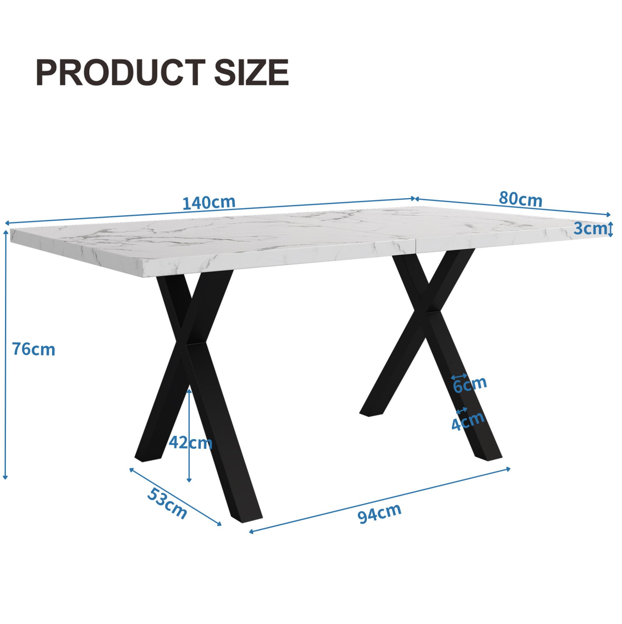 REDOM Esstisch Tisch mit gekreuzten Beinen – 140×80×76 cm (1-St., Schwarz+Weiß, für Esszimmer & Wohnzimmer), Marmorstruktur, stabil, vielseitig
