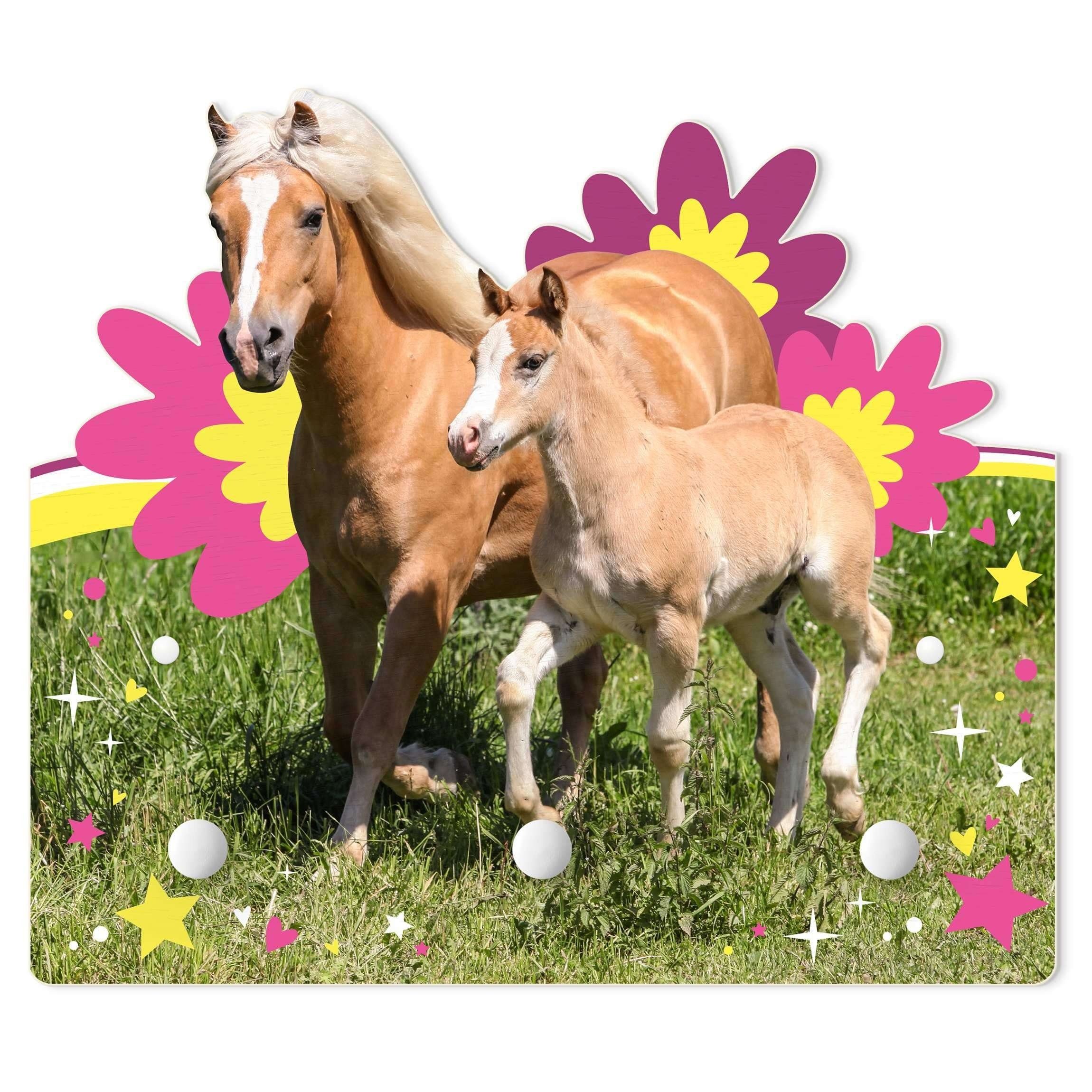 Bilderdepot24 Garderobenpaneel bunt Illustration Tiere Stute und Fohlen im Galopp (Kindergarderobe holz Kleiderhaken für die Wand inkl. Montagematerial), moderne Wand Garderobenleiste Flur - kleine Hakenleiste Kinderzimmer