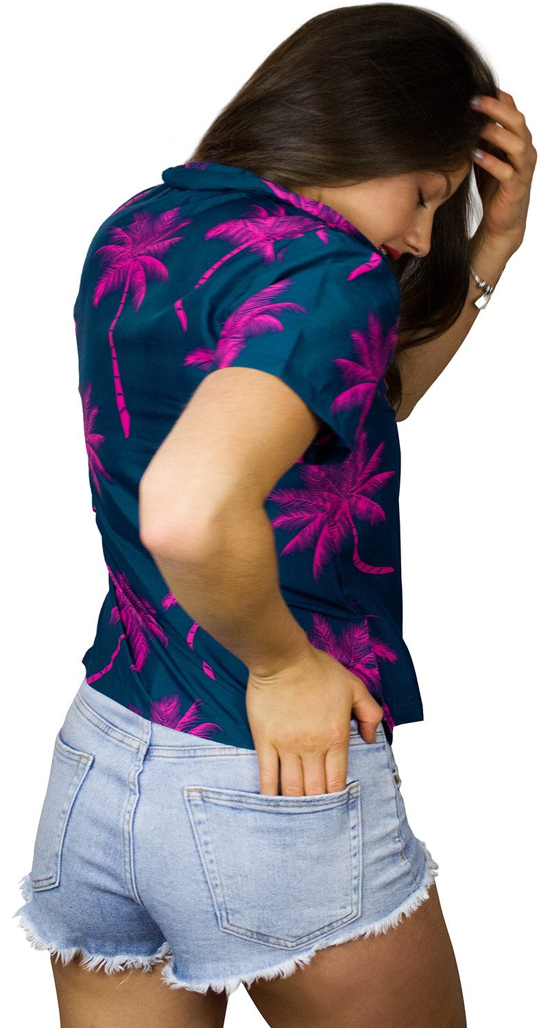 King Kameha Hawaiihemd Palmshadow Funky Hawaiibluse Damen Kurzarm Front-Tasche Stylish