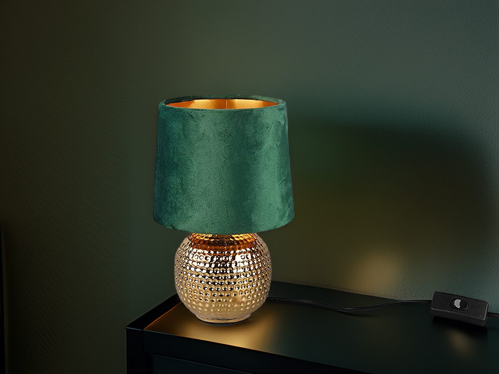 Reality Leuchten LED Nachttischlampe mit Keramikfuß & Samtschirm, Höhe 26cm, dimmbar, LED wechselbar, Warmweiß, kleine gemütliche Retro Tischleuchte für Fenster – Bild 5 von 5