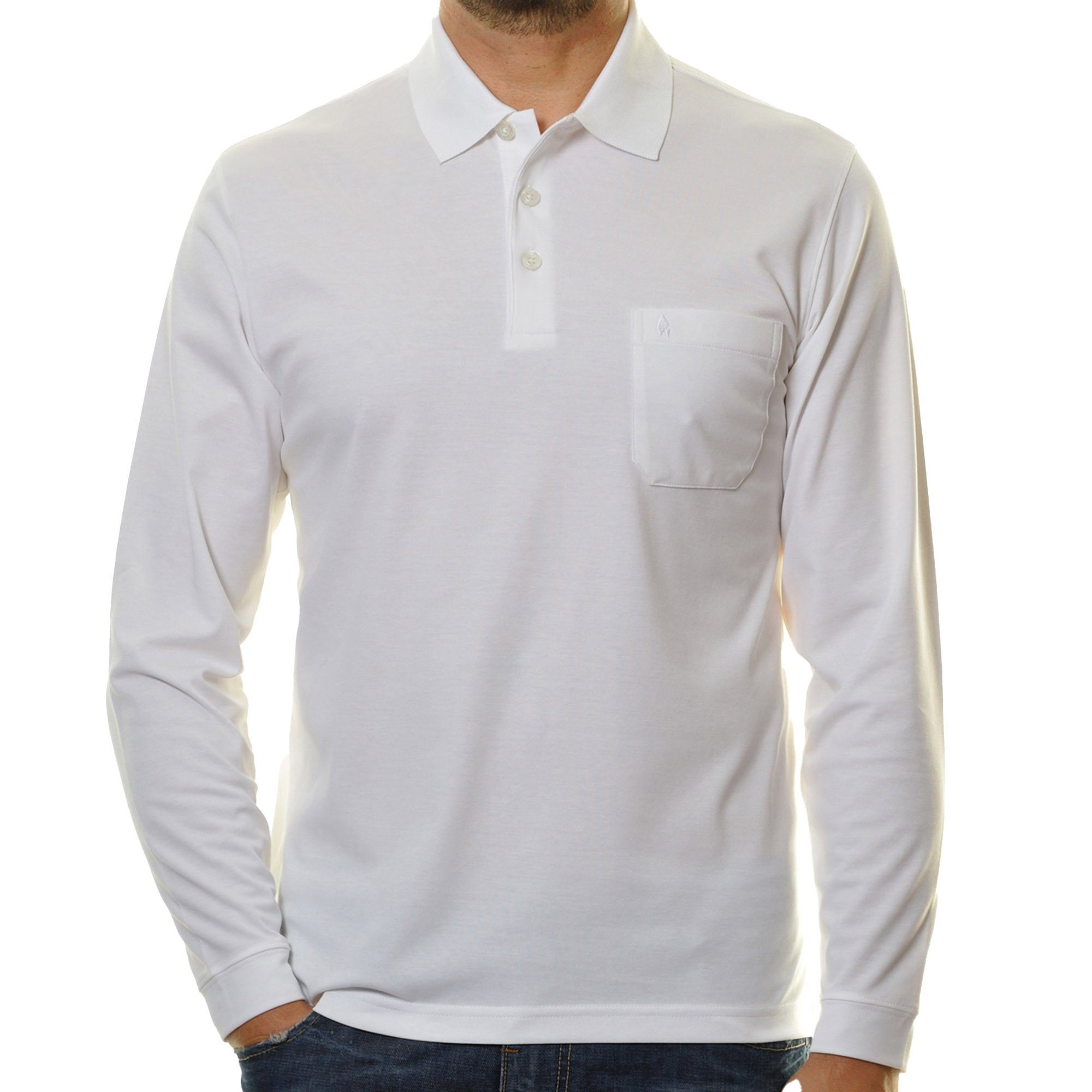 Poloshirt Knit Knopf Weiß - Herren Soft Polo RAGMAN Langarm-Poloshirt