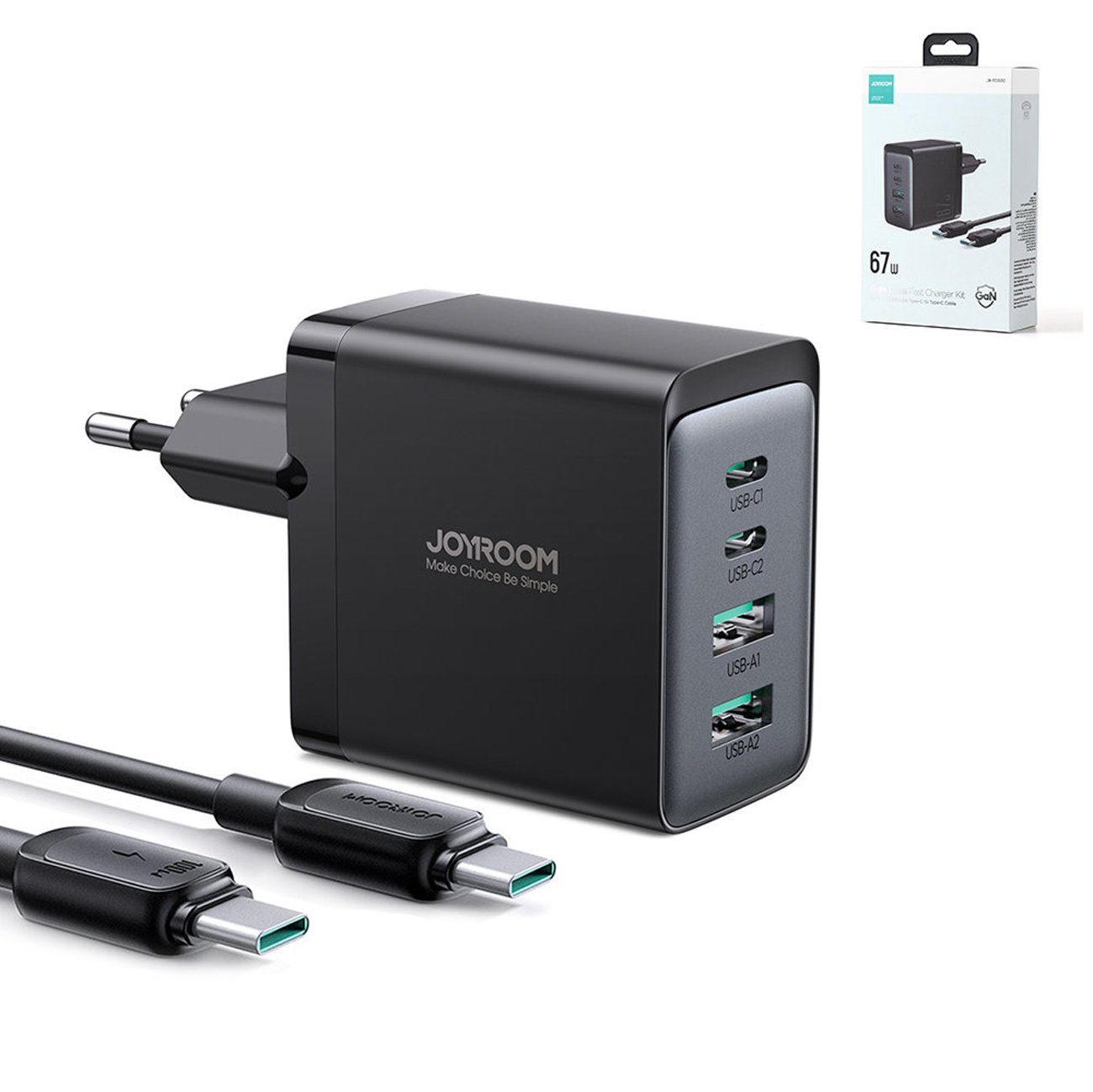 JOYROOM GaN 67W 4 Ports (2x USB, 2x USB C) + Kabel USB C - USB C 100W Smartphone-Ladegerät