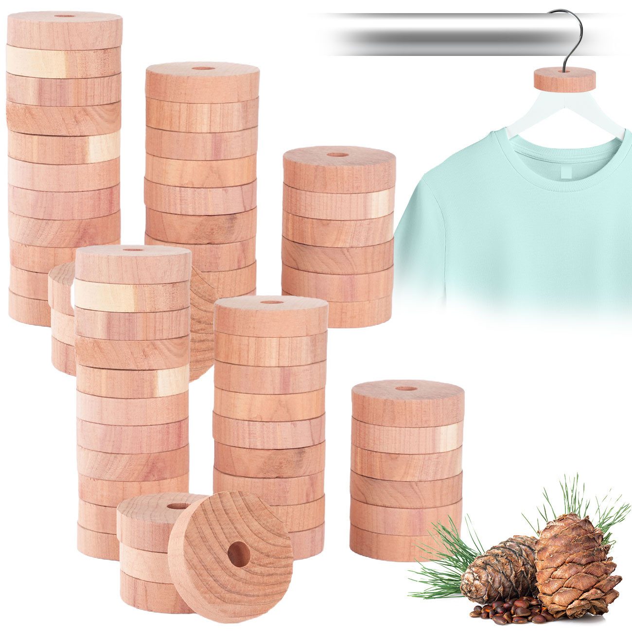 Casativo Kleiderbügel Zedernholz Mottenringe 30er/60er Set Natürlicher Mottenschutz Schrank, (60-tlg), 100% Premium Zedernholz, chemiefrei, Ø3,8xH 1cm, Bohrung Ø0,7 cm
