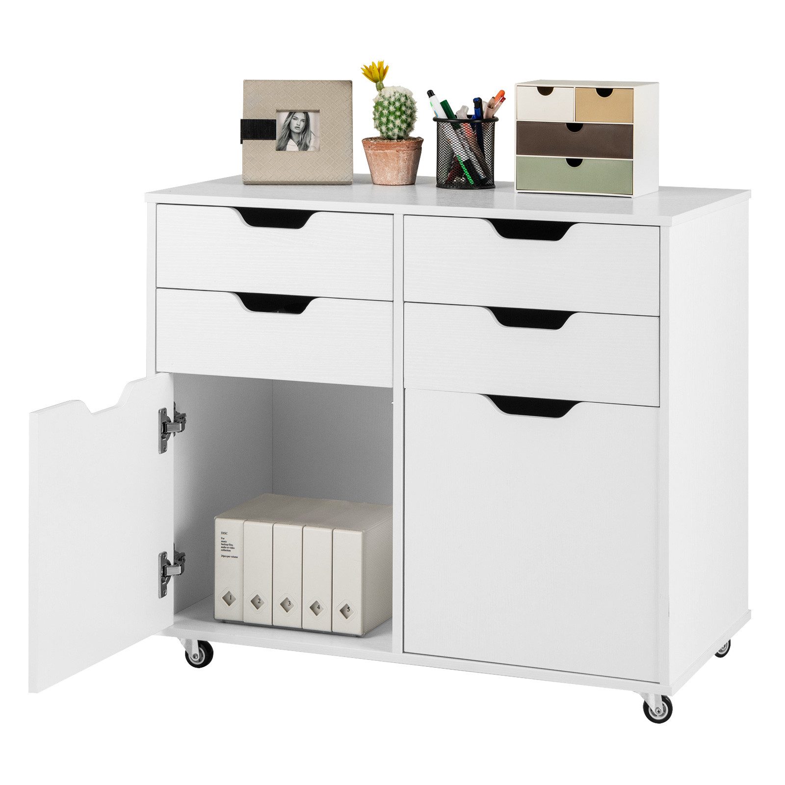 COSTWAY Rollcontainer, mit 4 Schubladen, 2 Türen, Büroschrank mit Rollen günstig online kaufen
