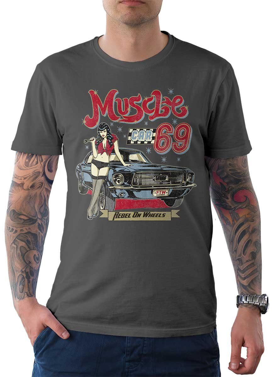 Rebel On Wheels T-Shirt Herren T-Shirt Tee Muscle Car 69 mit Auto / US-Car Motiv Grau