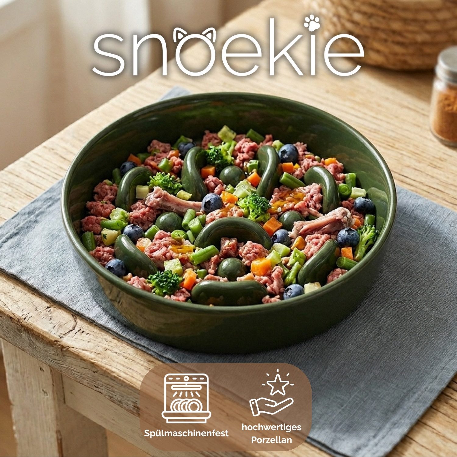 SNOEKIE Napf snoekie Porzellan Flacher Anti-Schling-Napf Hunde, Katzen 15×15×3.5cm