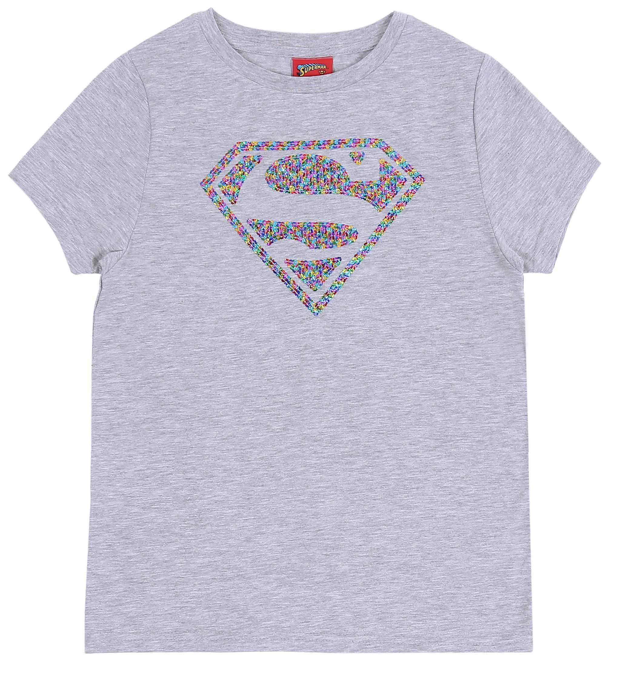 Kurzarmshirt Graues T-Shirt mit Pailletten Superman L