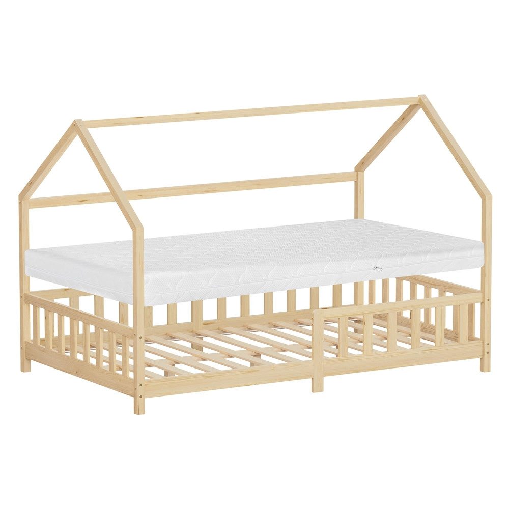 ML-DESIGN Spielbett Hausbett Kinderbett inkl. Lattenrost kreativ Bodenbett für Kinder, Abenteuerbett mit Matratze H-16 cm 120x200cm Holzbett Bettgestell