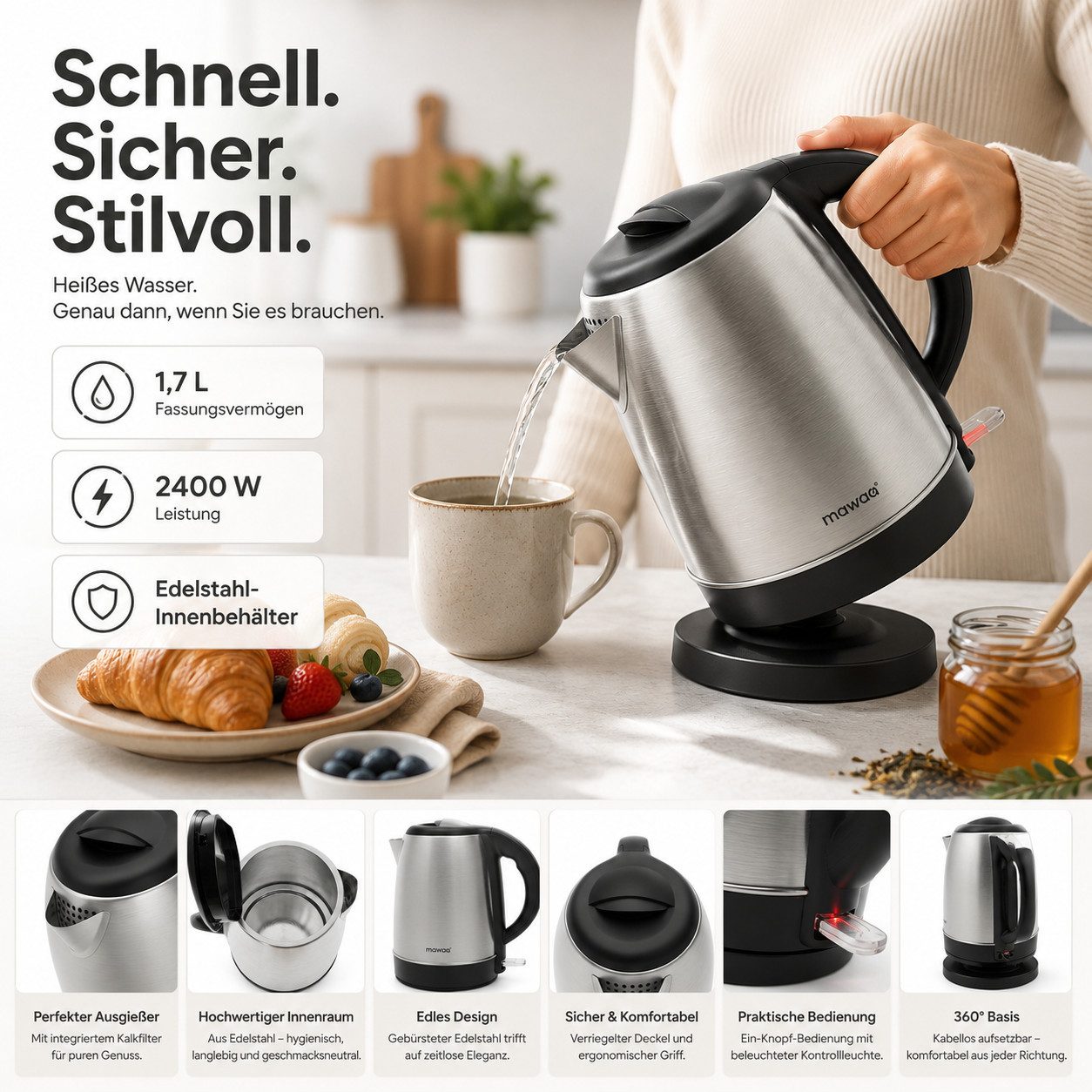 LEFEX Wasserkocher mawaa Edelstahl-Wasserkocher 1,7L 2400W mit Kalkfilter, 2400 W, Edelstahl-Innenbehälter Leiser Betrieb