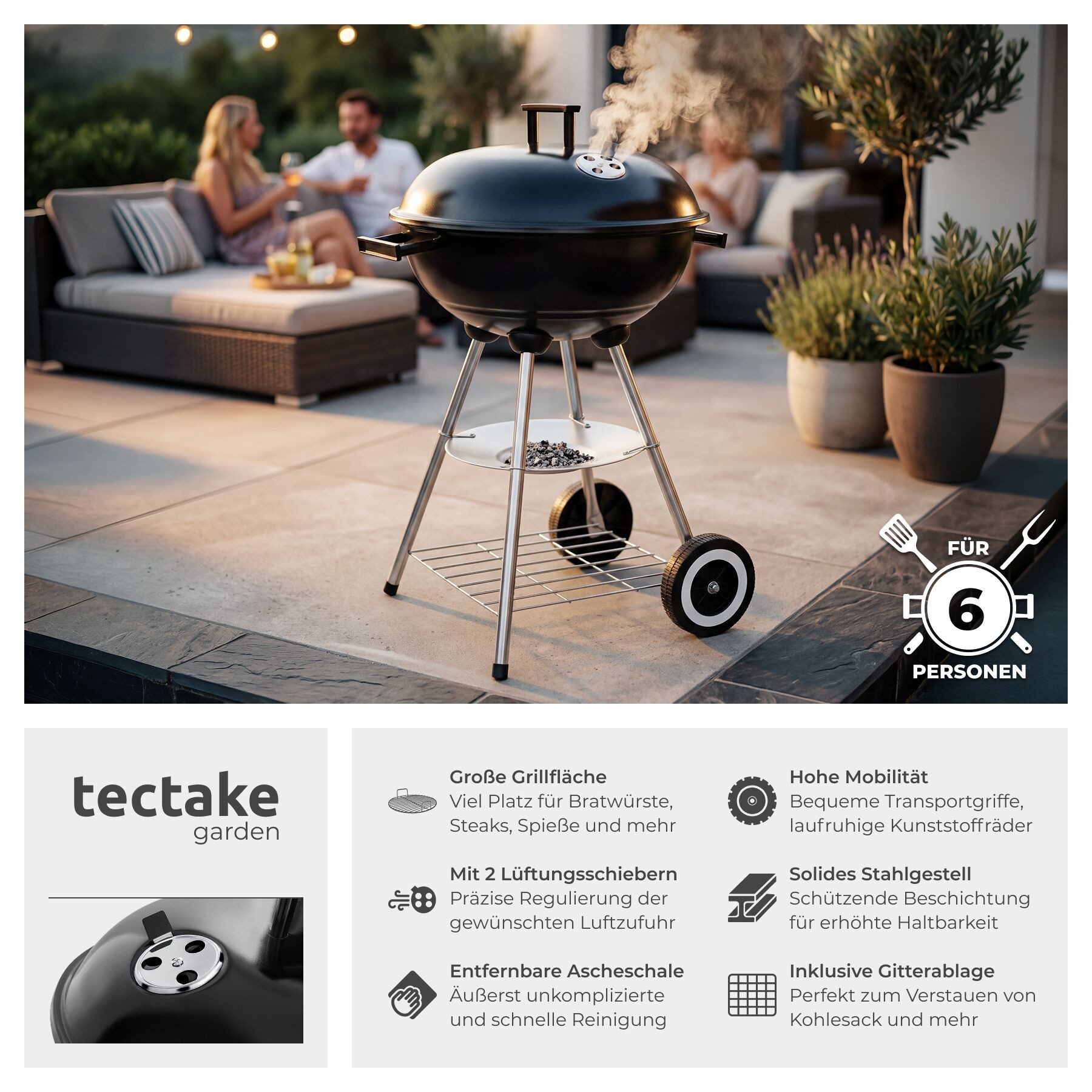 tectake Holzkohlegrill Kugelgrill - großer verchromter Rost & abnehmbare Ascheschale, Grillwagen, in schwarz/silber, leichtgängige Räder und regulierbare Luftzufuhr
