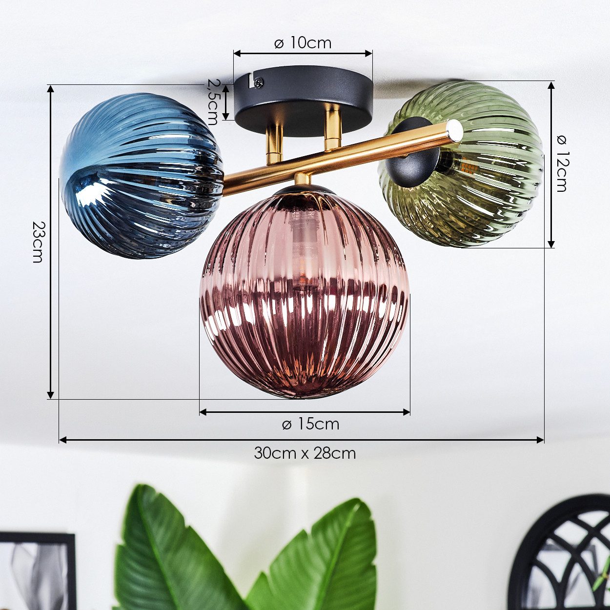hofstein Deckenleuchte Deckenlampe aus Metall/Riffelglas in Schwarz/Gold/Grün/Blau/Kupfer, ohne Leuchtmittel, Deckenleuchte im modernen Vintage-Design (Schirme Ø 12; 15 cm), 3 x G9