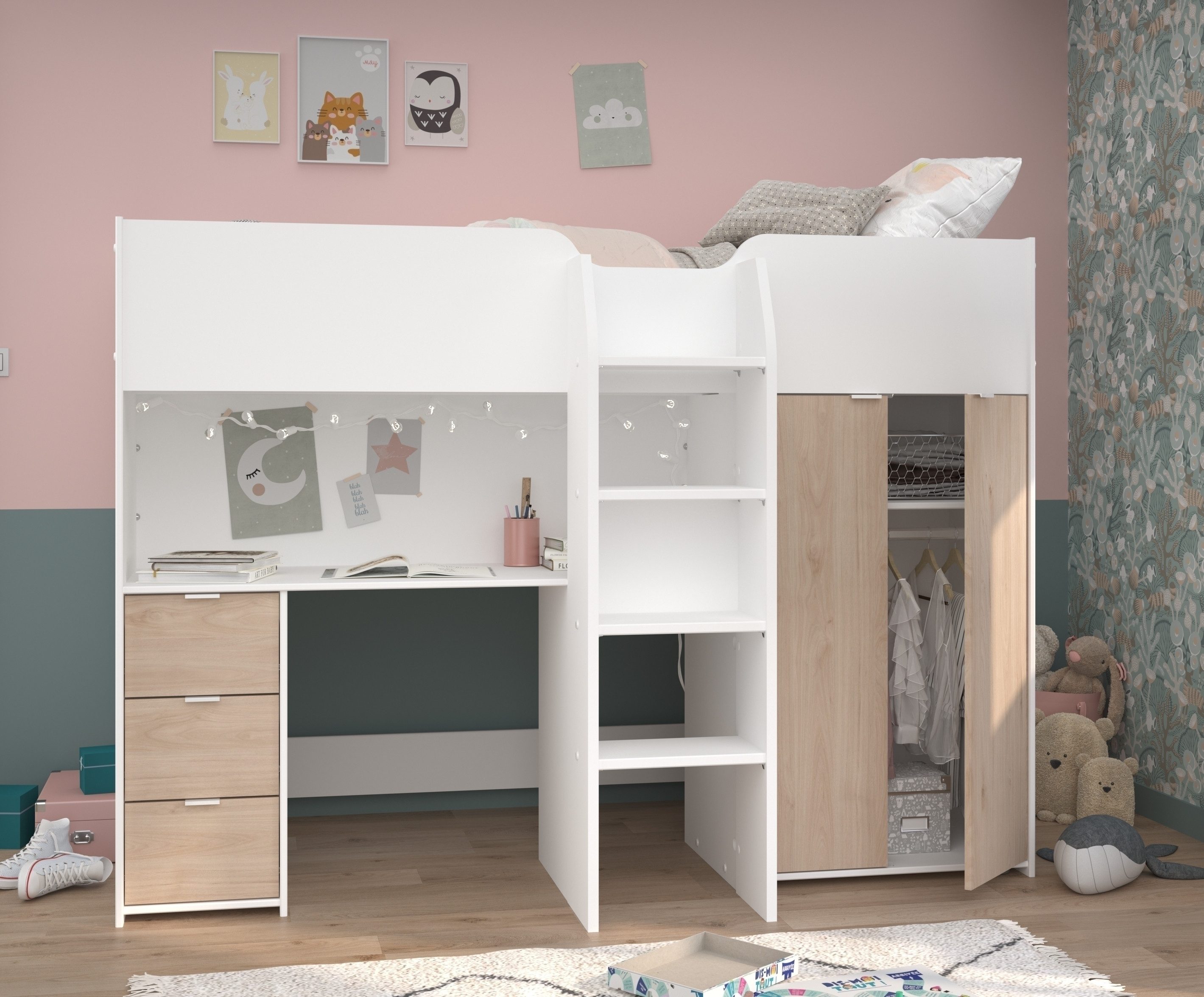 Parisot Hochbett Tom 1 in Jacksen Eiche / Weiss - 203x95x147cm (LxBxH)