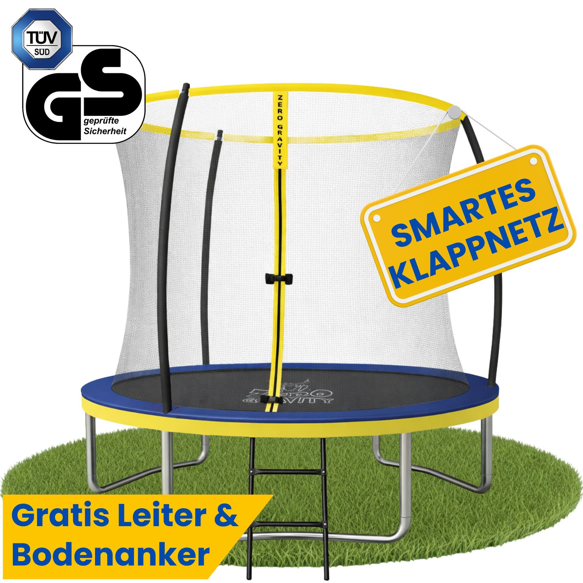 Zero Gravity Gartentrampolin Trampolin Outdoor Ø183/244/305/366/427cm mit smartem Klappnetz, Ø 244 cm, TÜV GS geprüfte Sicherheit