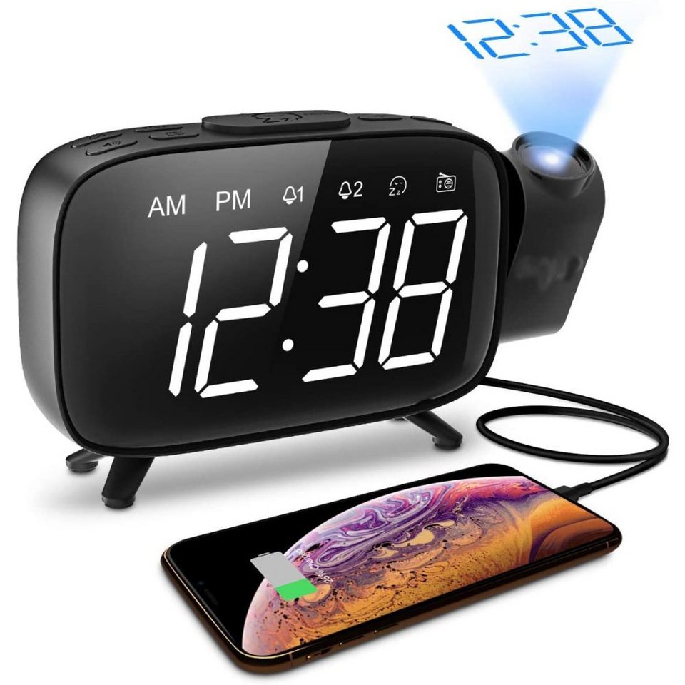 Radiowecker mit Projektion LED dual USB FM UKW Digital dimmbar Tischuhr Alarm DE 
