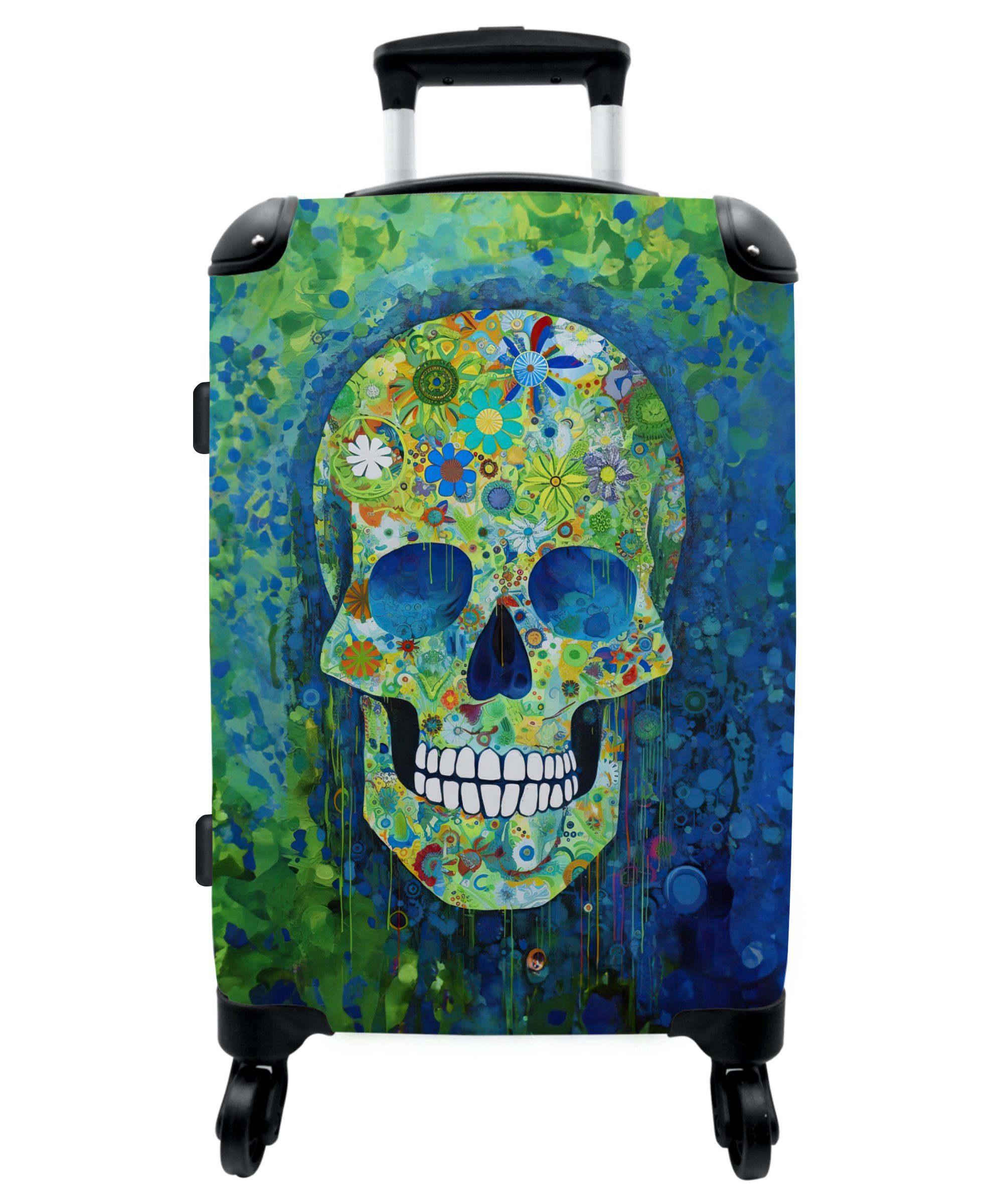 NoBoringSuitcases.com© Koffer 67x43x25cm Totenkopf - Blumen - Farbe - Grün - Blau - Totenkopf -, 4 Rollen, Aufgabegepäck Trolley Rollkoffer Große Reisekoffer mit 4 Rollen -