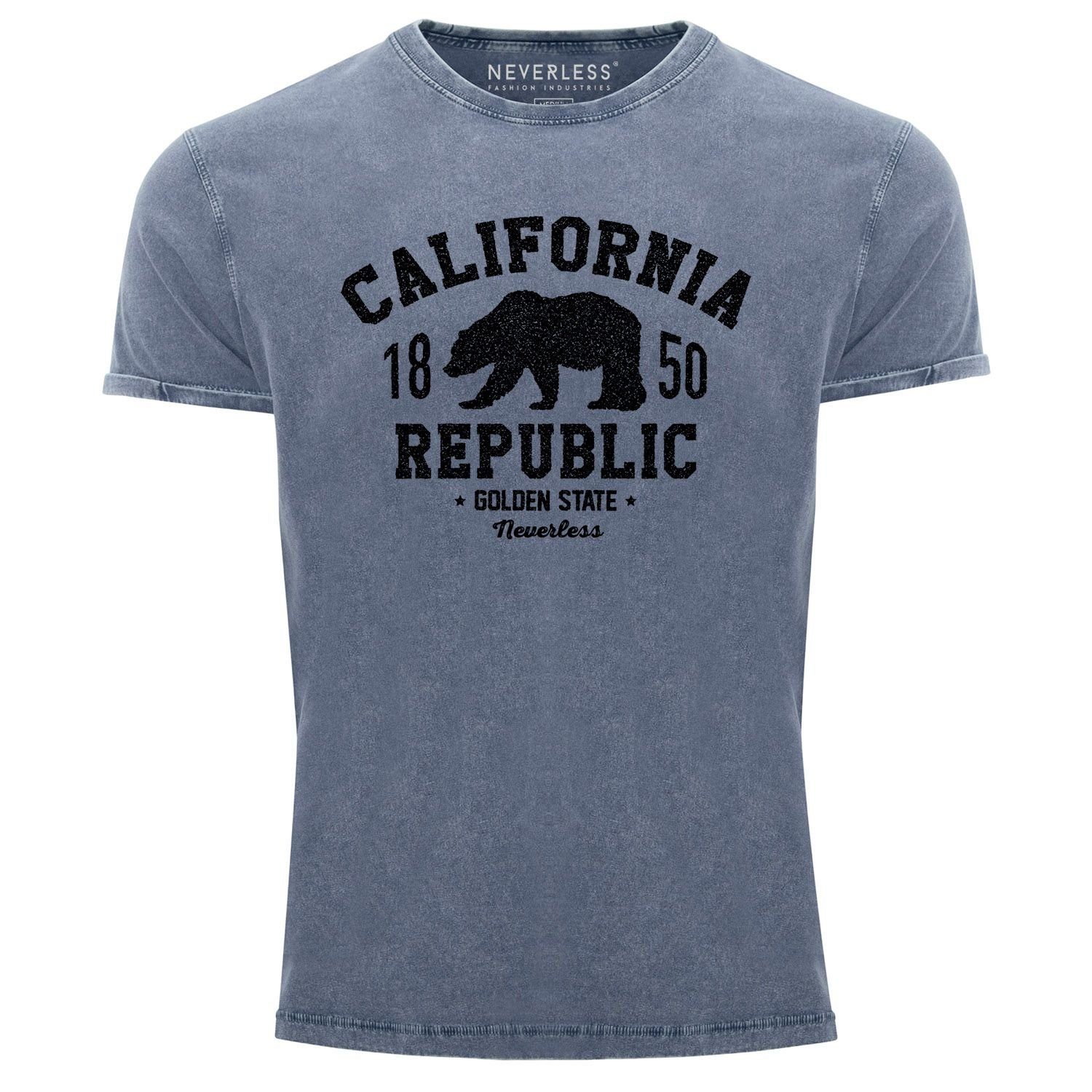 Neverless Print-Shirt Neverless® Herren T-Shirt Vintage Shirt Printshirt California Republic Kalifornien Golden State Grizzly Bär Bear Logo Used Look Slim Fit mit Print blau