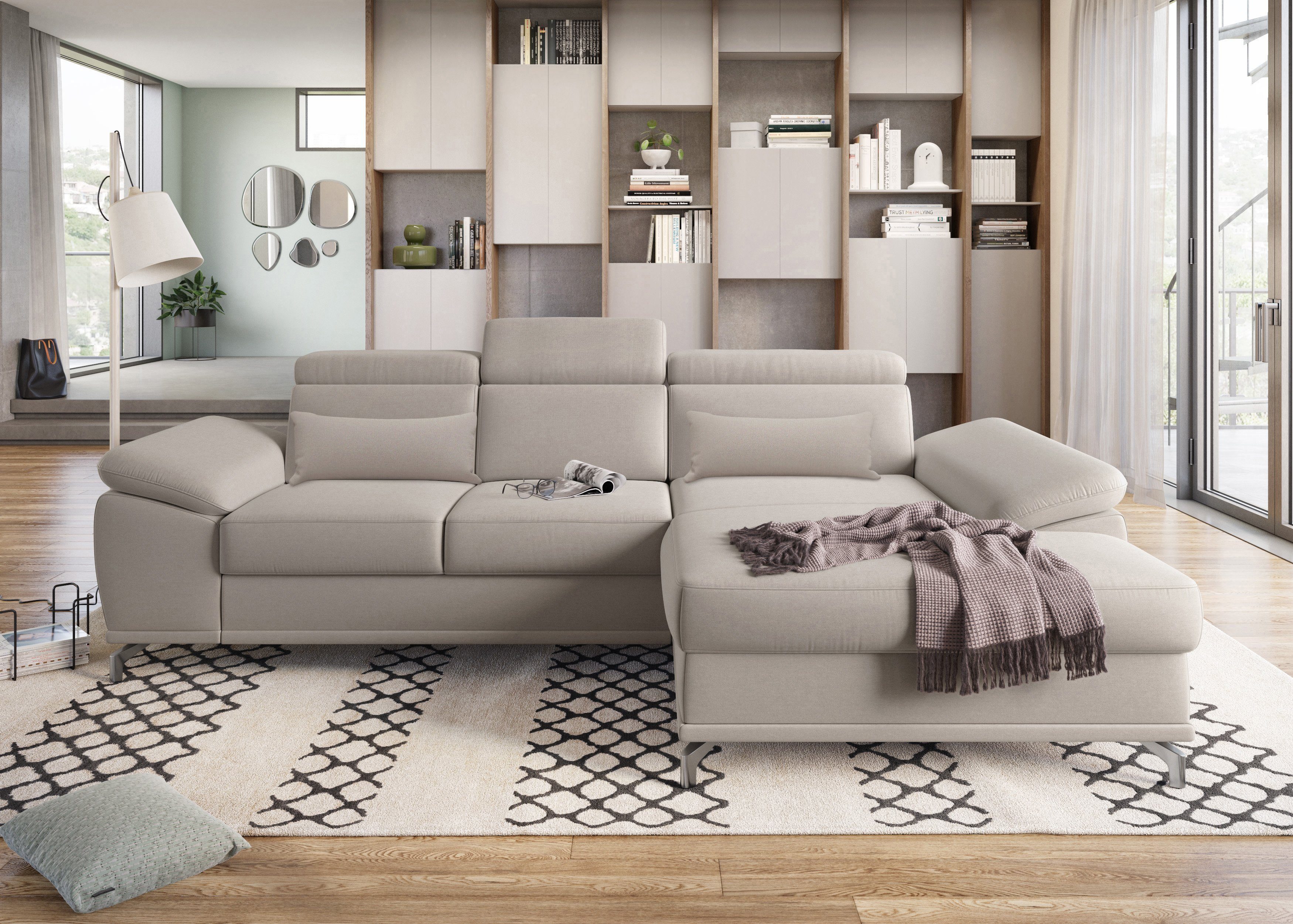 sit&more Ecksofa Cabrio L-Form, B: 295 cm, mit Sitztiefen-, Arm- & Kopfteilverstellung, 2 Nierenkissen, Federkern, mit Schlaffunktion und Stauraum