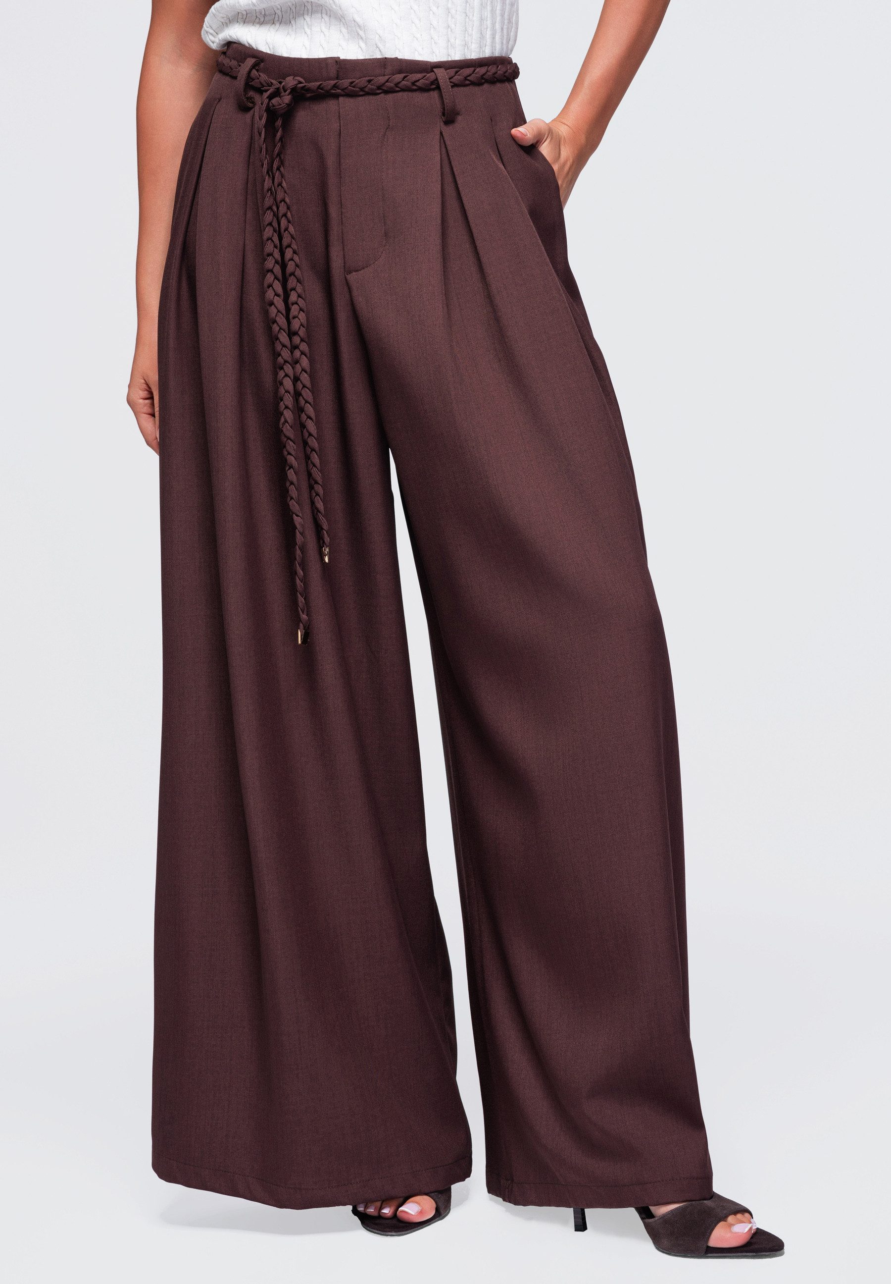 OMBRE Palazzohose Damen Palazzohose mit weitem Bein und hohem Bund Braun L (kein Set, 1-tlg) in Unifarbe