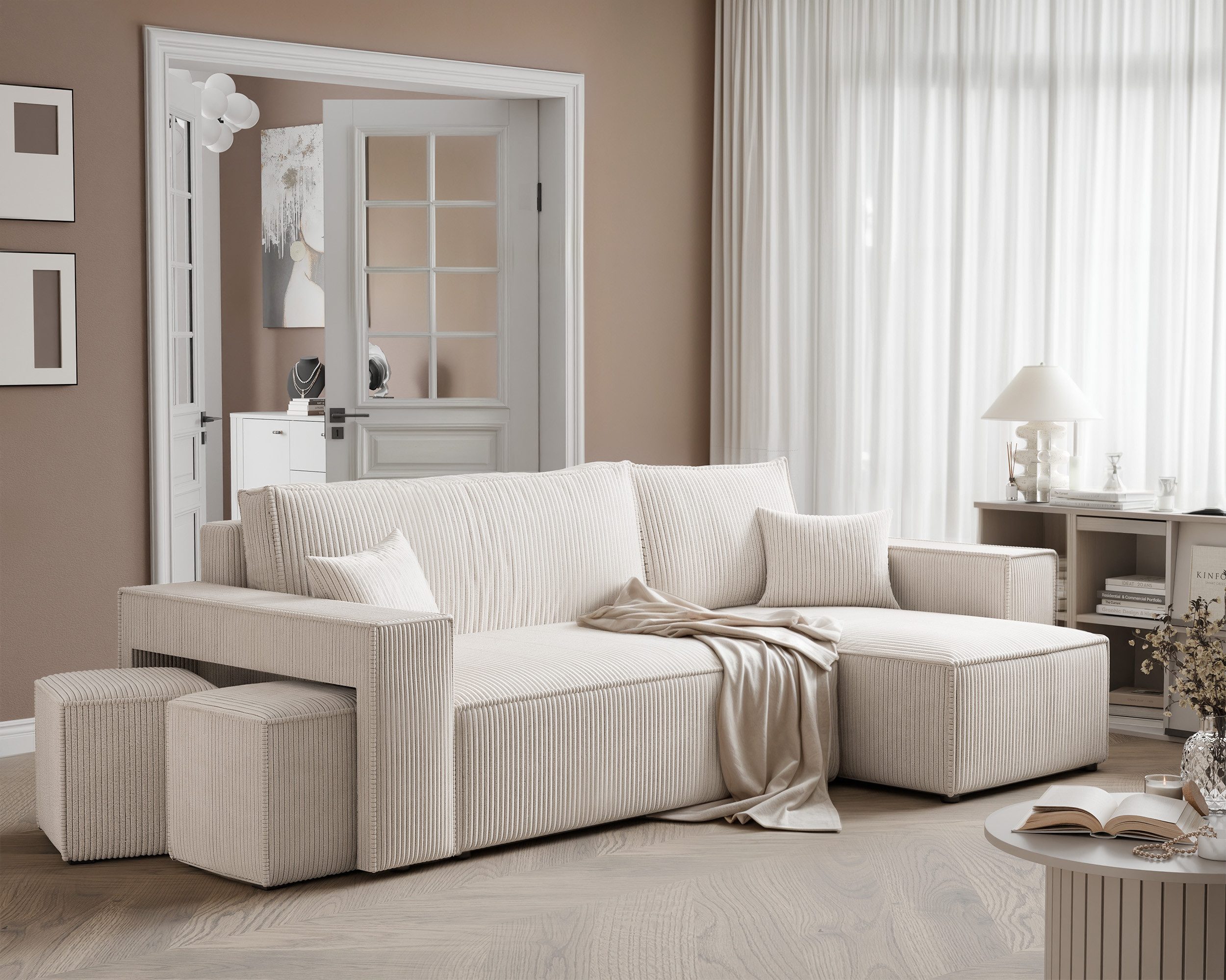 yourhouse24 Ecksofa PARIS in L-Form inkl. 2 Hocker – Schlaffunktion & Bettkasten, mit Schlaffunktion und Bettkasten, Seite universal