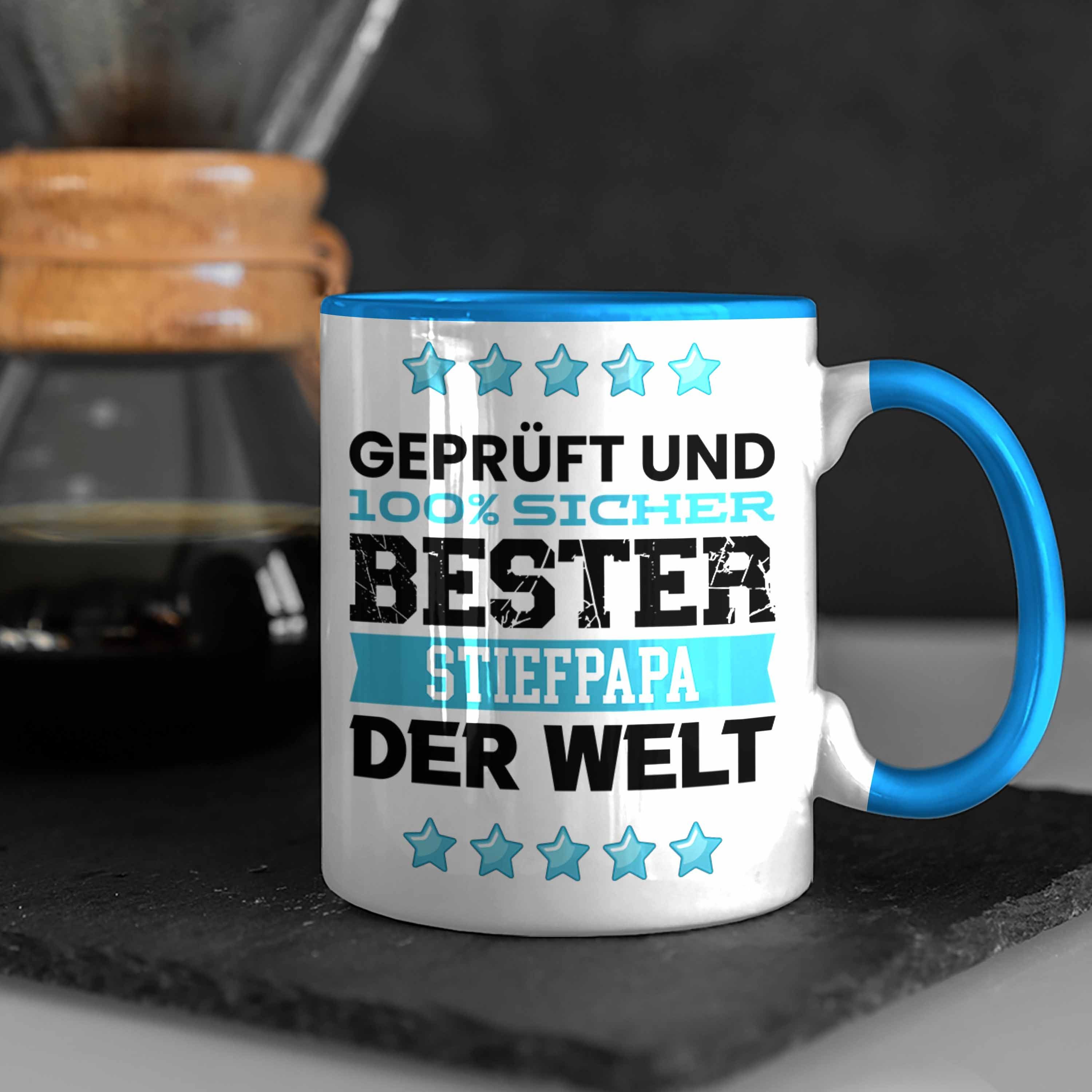 Trendation Tasse Trendation - Bester Papa Stiefpapa Blau Welt G Geschenk Stief Tasse Der für