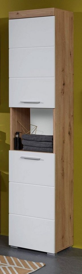 trendteam Hochschrank Amanda (Badschrank in weiß mit Eiche, 2-türig, 37 x  190 cm) Hochglanz