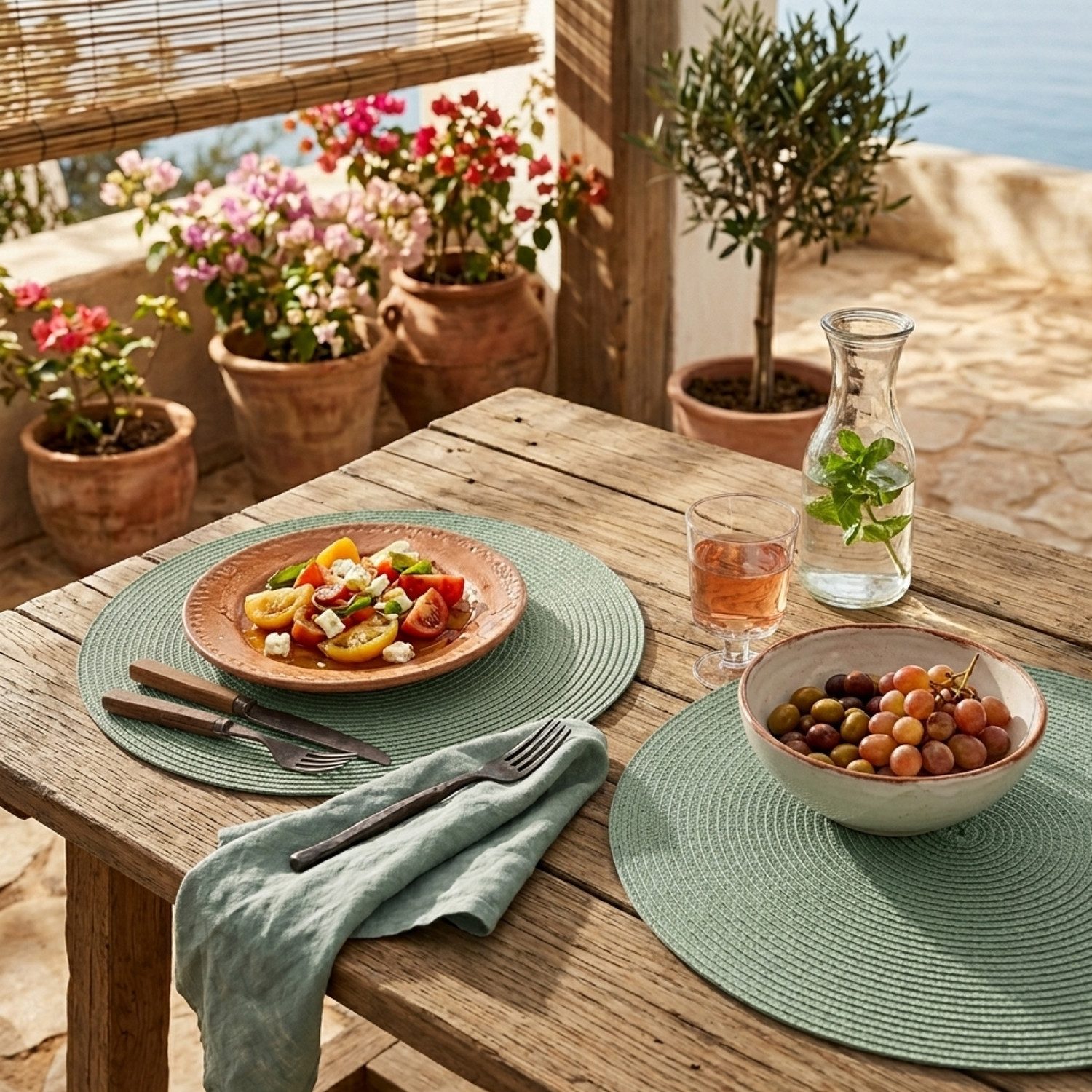 Macosa Home Platzset Tischset 4 Stk. Grün od. Natur 35 cm rund, (Tischunterlage Platzdeckchen, 4-St., Tischdeko Tischmatte Platzmatte), Polypropylen Kunststoff abwischbar