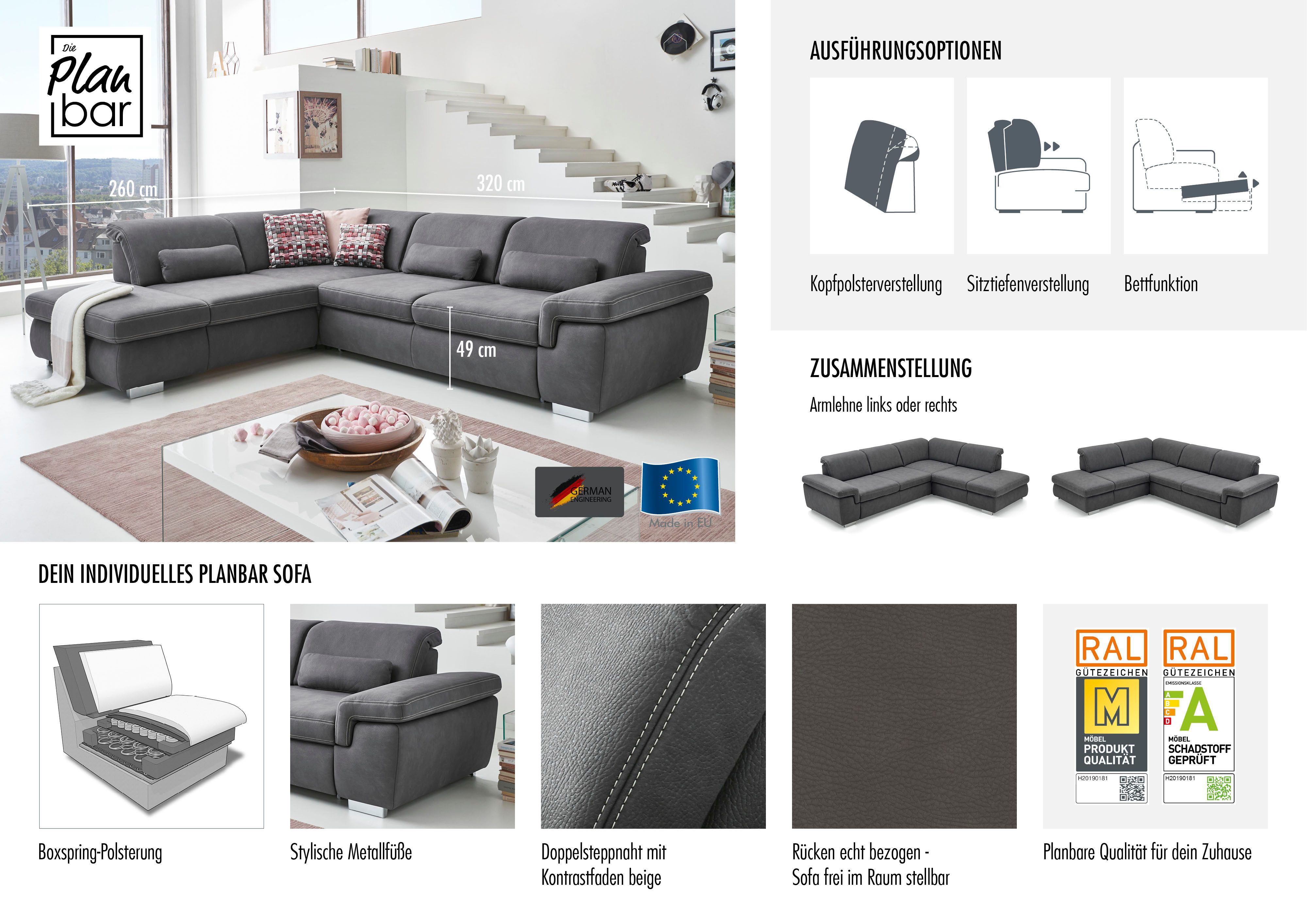 Die PlanBar Ecksofa MP-IN17041 L-Form, Breite 320 cm, Sitztiefenverstellung, optional Kopfteilverstellung & Schlaffunktion