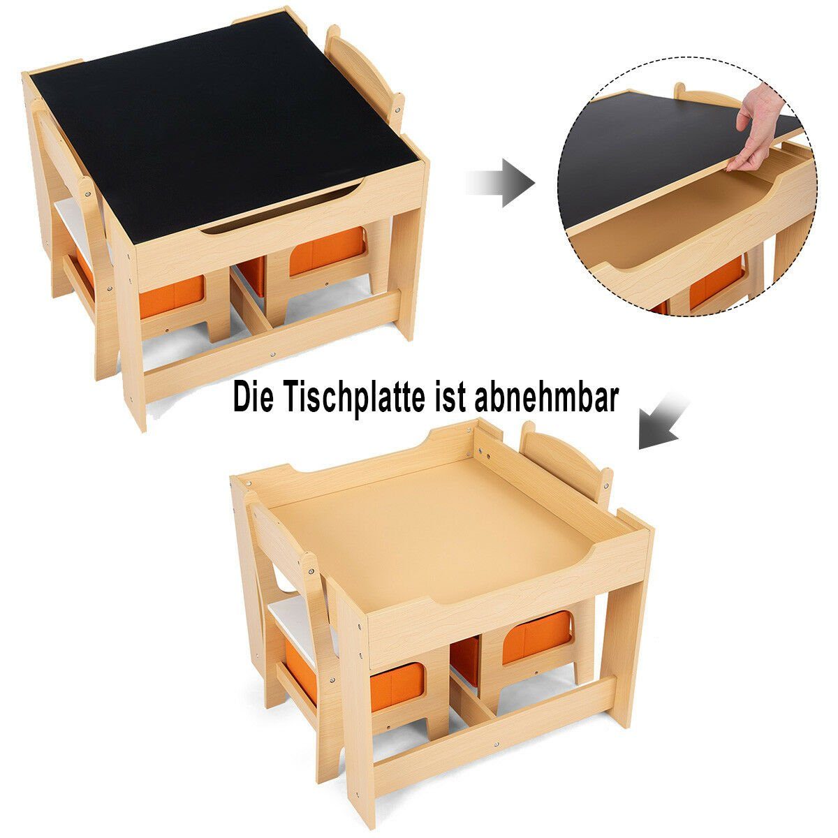 Kindersitzgruppe TLG. mit COSTWAY & Tafel 3 Orange Stühlen, mit 2 Stauraum