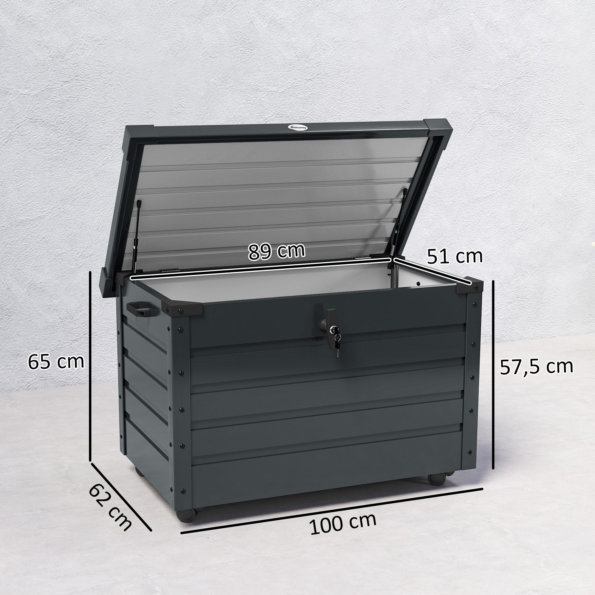 Outsunny Gartenbox Aufbewahrungstruhe mit Schloss, Griff, Rollen (Aufbewahrungskiste, 1 St., Aufbewahrungsbox), für Balkon, Terrasse 100 x 62 x 65 cm, Dunkelgrau