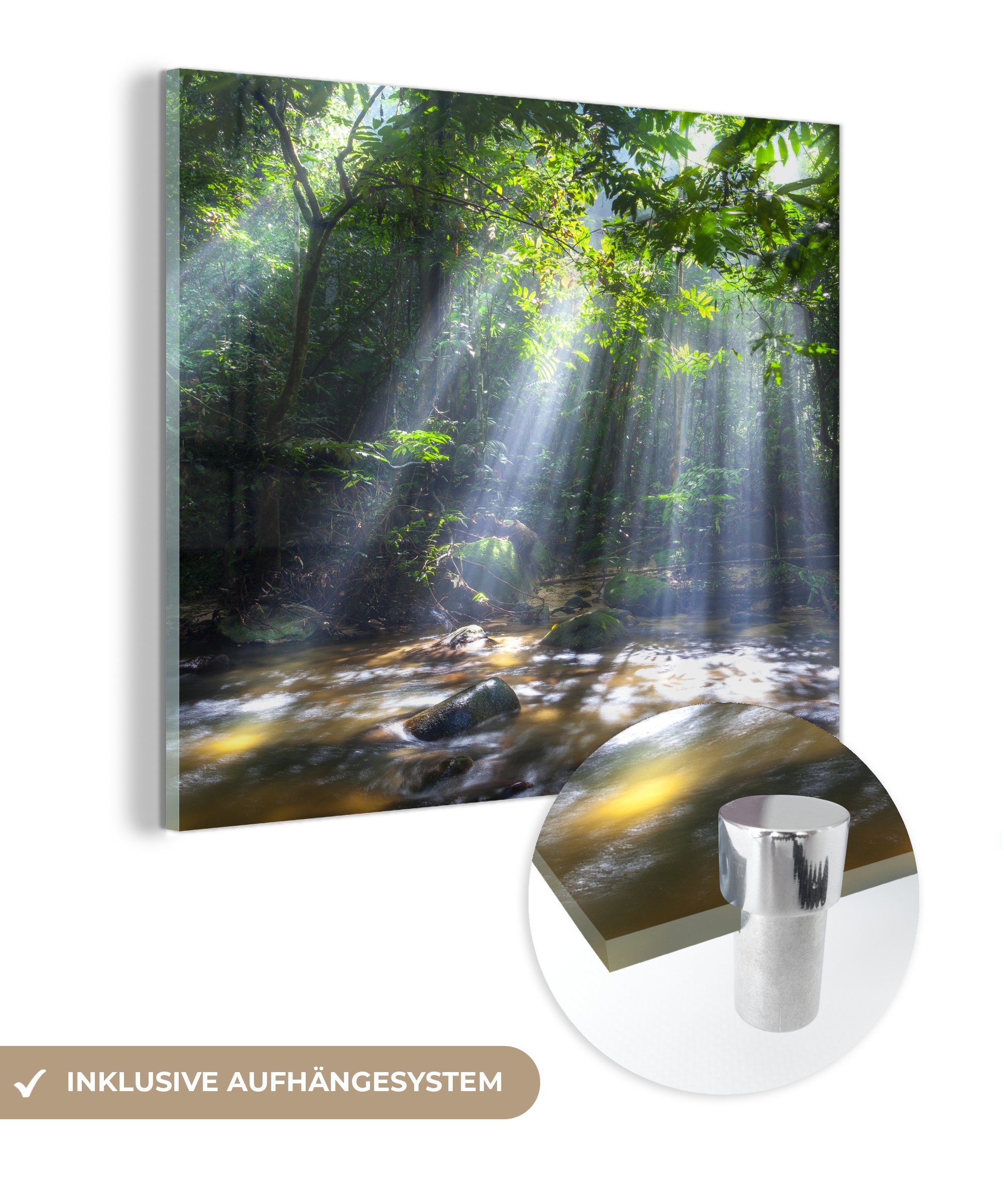MuchoWow Acrylglasbild Sonnenstrahlen leuchten in Malaysias Regenwald, (1 St), Glasbilder - Bilder auf Glas Wandbild - Foto auf Glas - Wanddekoration