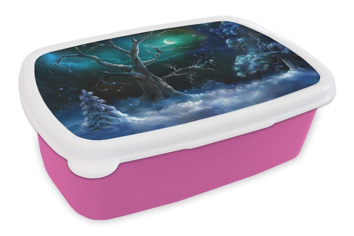 MuchoWow Lunchbox Eule - Schnee - Mond, Kunststoff, (2-tlg), Brotbox für Erwachsene, Brotdose Kinder, Snackbox, Mädchen, Kunststoff rosa