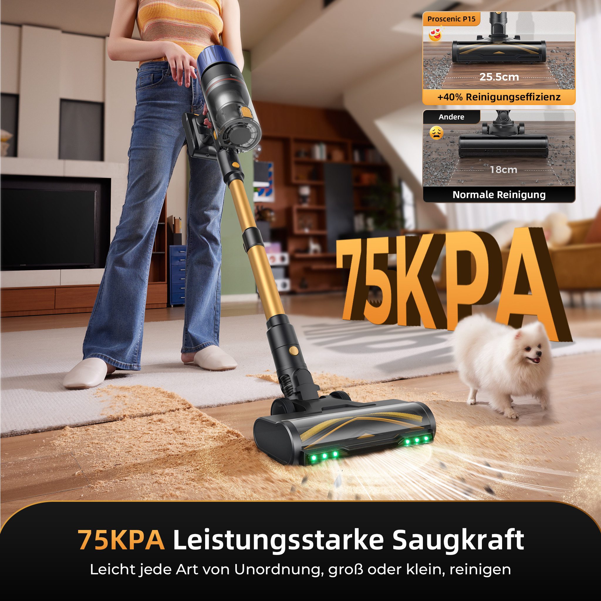 Proscenic Akku-Hand-und Stielstaubsauger 75 kPa, 70 Min Laufzeit, 1,2L Staubbehälter, Geräuscharmer Betrieb, 580 W, beutellos, Grüne LED-Scheinwerfer, Leicht zu handhaben & Effektiv gegen Tierhaare