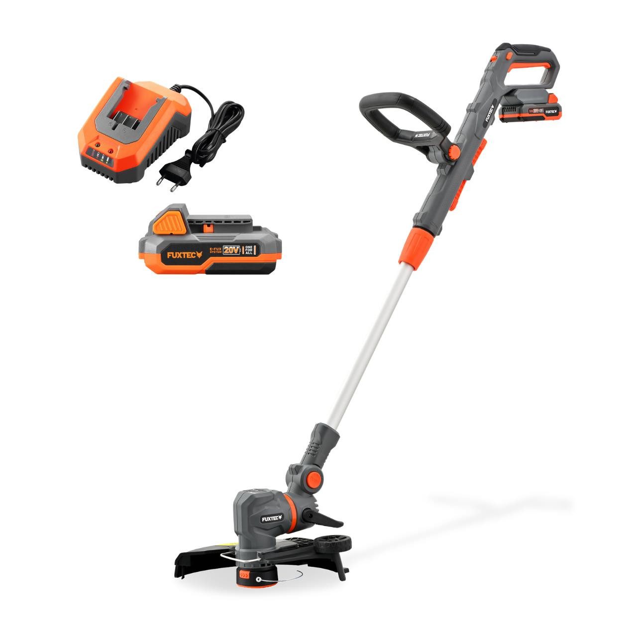 FUXTEC Akku-Motorsense FX-E1RT20PROSET, 28 cm Arbeitsbreite Messer, drehbarer Schneidkopf, Teleskopstiel, Faden- und Messer