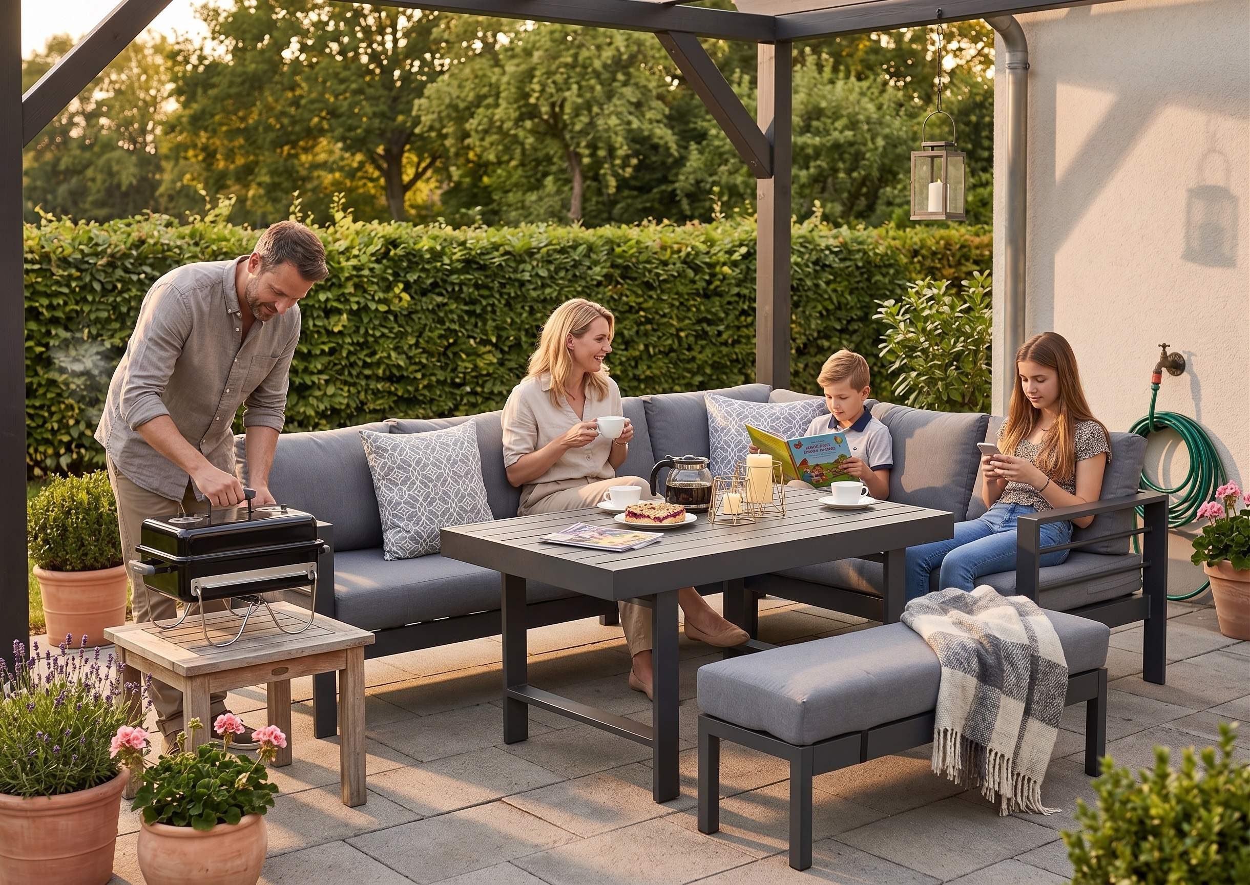 MeXo Gartenlounge-Set XXL Lounge Gartenmöbelset aus Aluminium, wetterfest, (Ecksofa mit rechter Ecke für 6-8 Personen, 5-tlg., 12/15 cm dicke Kissen, Terrassenmöbel Set mit hohem Tisch), pflegeleichte Polywood-Tischplatte, flexibel kombinierbar