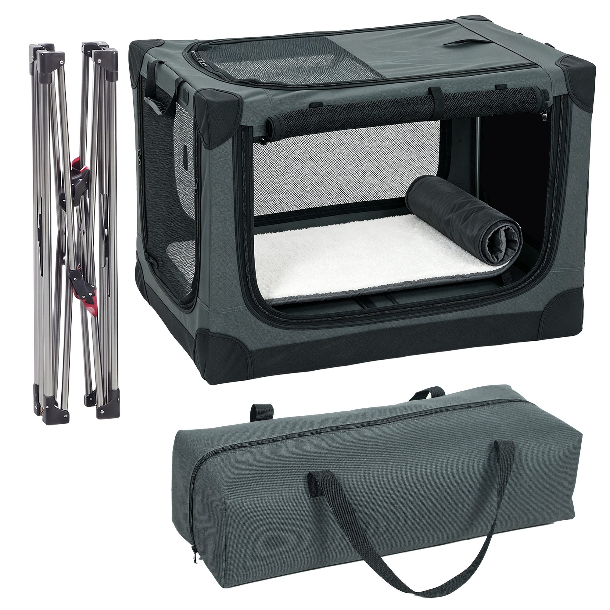 PawHut Tiertransportbox Hundebox faltbar 76x54x54cm Hundetransportbox mit Kissen bis 20 kg, Transportbox aus 600D Oxford-Gewebe für Reise & Auto Armeegrün