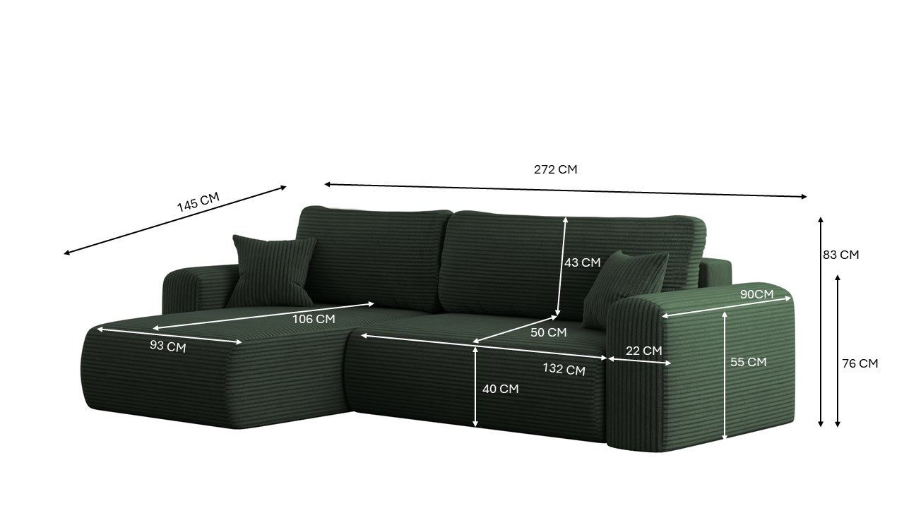 Kaiser Möbel Ecksofa mit Schlaffunktion und Stauraum für Bettzeug, Capri Stoff Poso