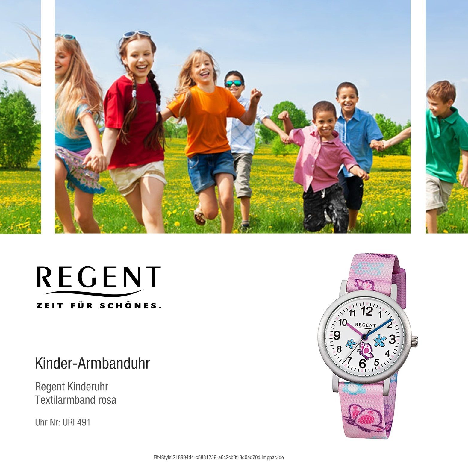 Uhr Regent Quarzuhr Regent Gehäuse, Textil rosa, Kinder F-491 30mm) klein Textilarmband (ca. Kinderuhr rundes Quarzuhr,