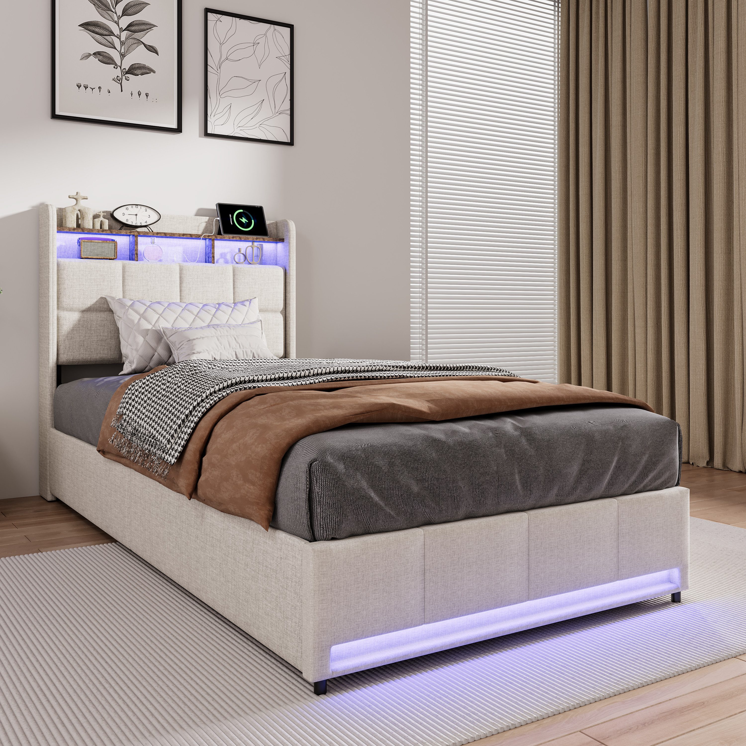 Furnishings Home Polsterbett LED Doppelbett 140x200cm, Stauraumbett mit Kopfteil und 4 Schubladen (Leinenmaterial Polsterbett mit RGB Beleuchtung), mit Lattenrost und Ladefunktion, mit Komforthöhe, Leises Design Bett