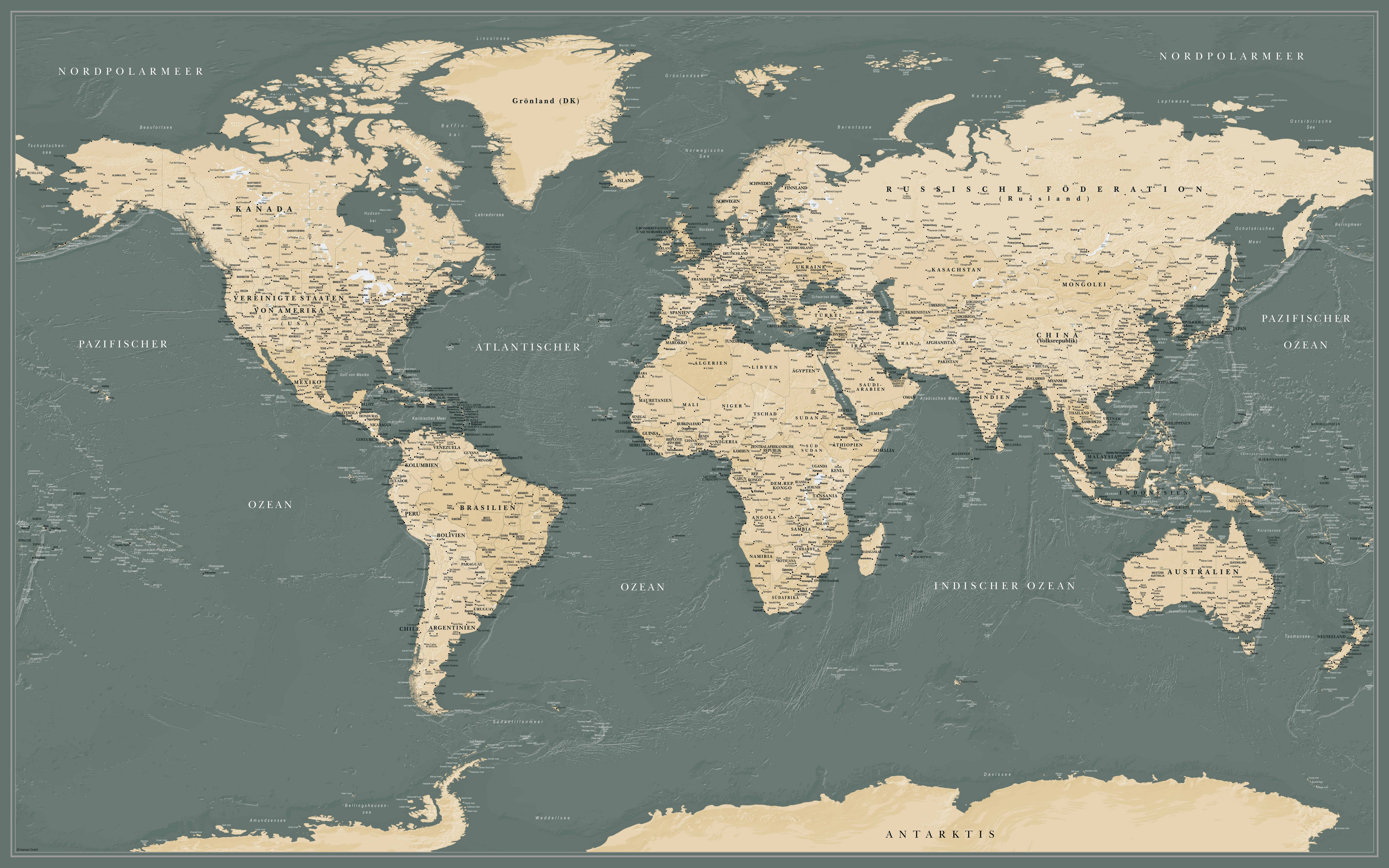 Interkart Landkarten & Globen GmbH Poster Dekorative Weltkarte Grau/Grün – Aktuelle deutsche Weltkarte, Wandbild, Bildung, Geographie, Reiseplanung