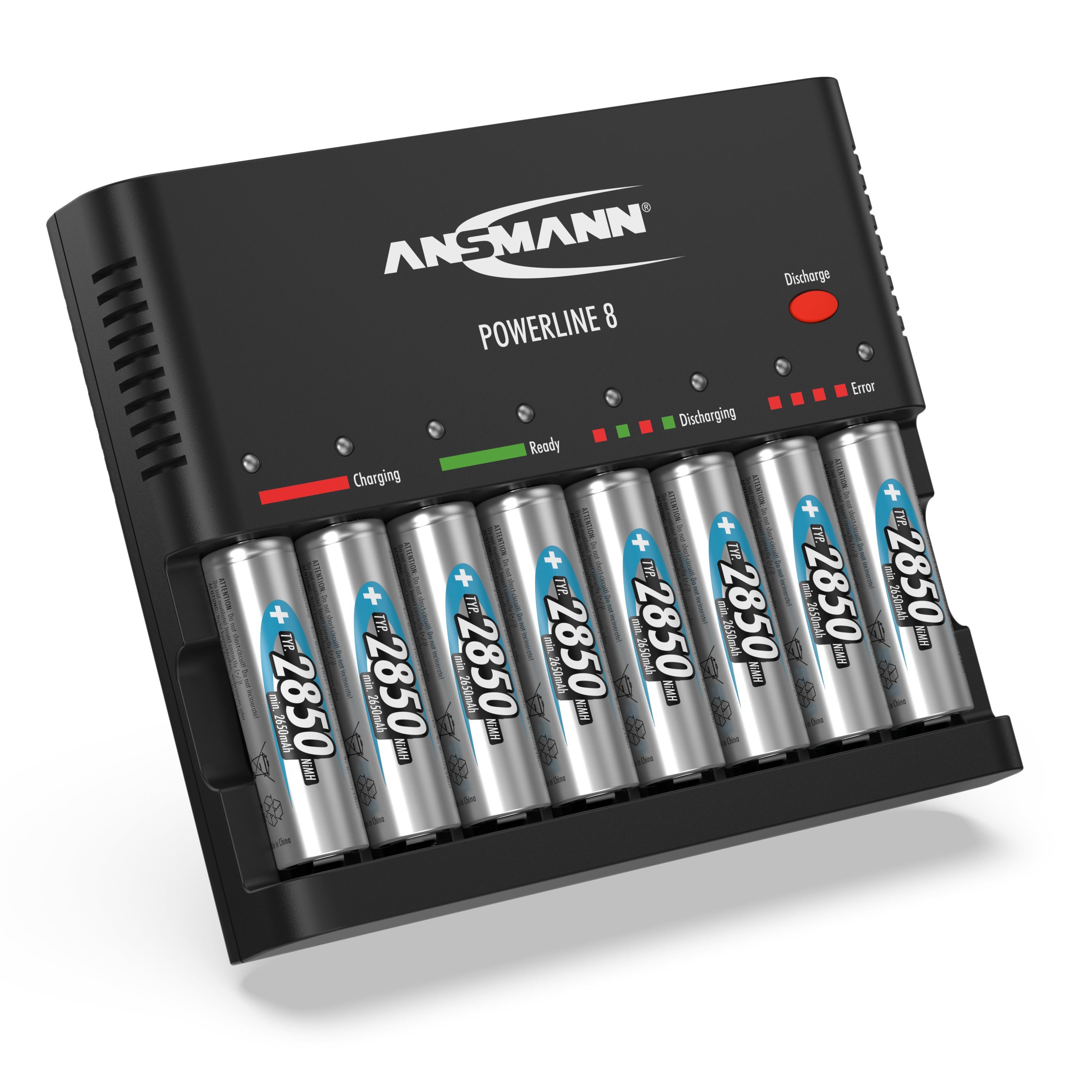ANSMANN® AkkuLadegerät für 8x AA/AAA NiMH Akkus (Laden/Entladen) + 8x 2850er AA NiMH Mignon