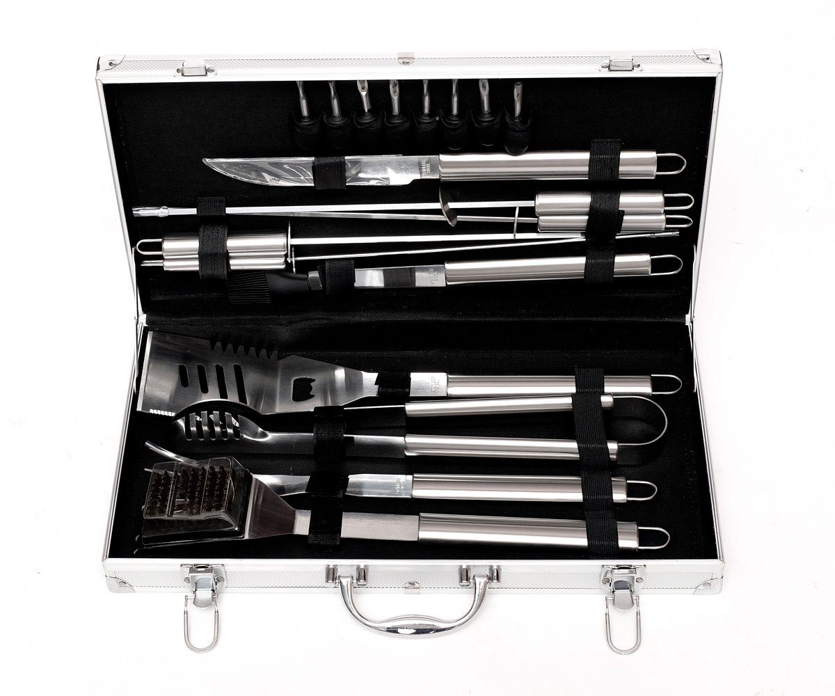 Koffer Set mit Grill Grillkoffer Edelstahl BBQ Grillbesteck-Set Koffer Silber Brillibrum 18-teilig Küchenhelfer