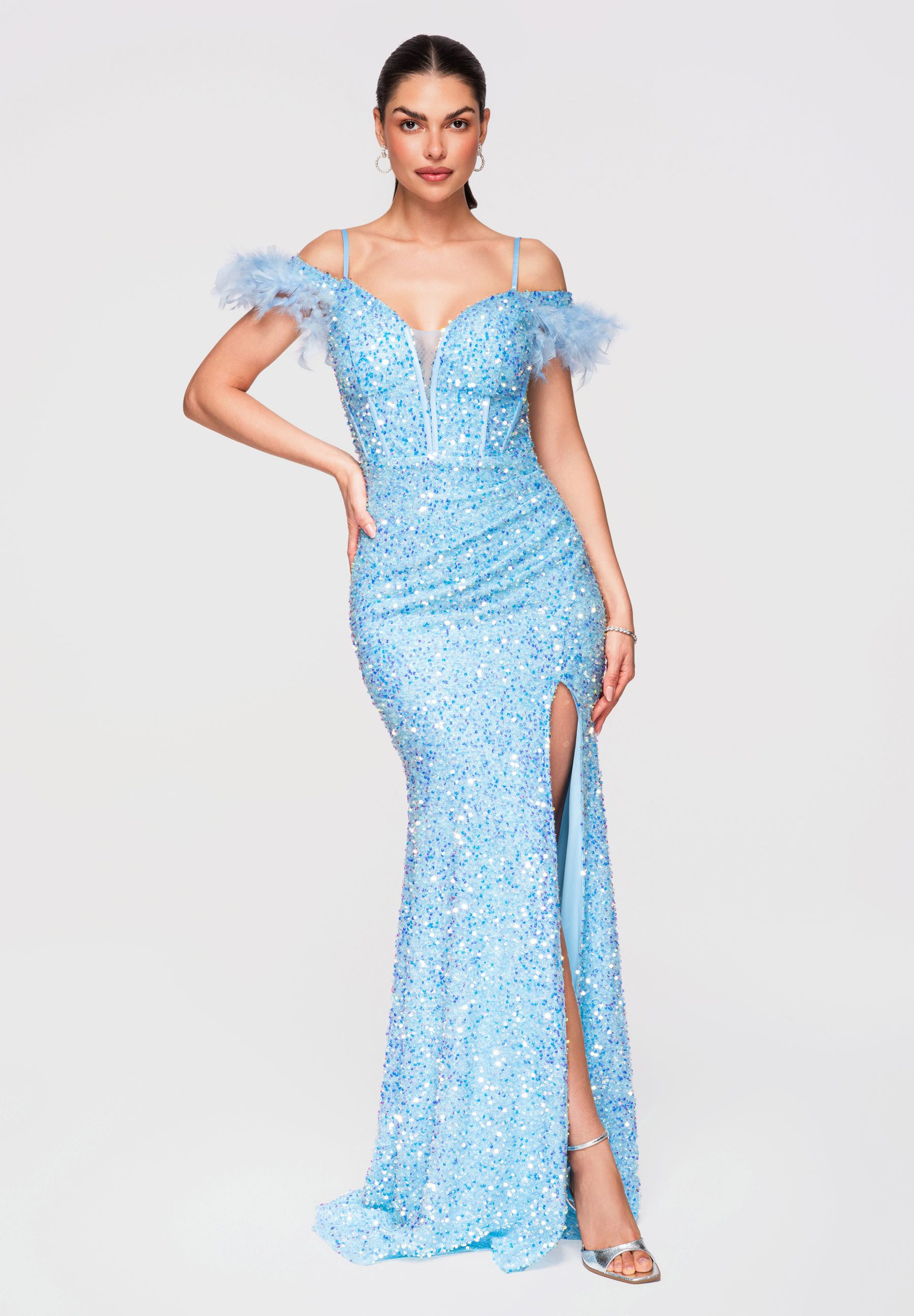 OMBRE Abendkleid Maxikleid Pailletten Figurbetont Abendmode Blau XL (kein Set, 1-tlg) Hocher Beinschlitz, Federdetails an den Schultern
