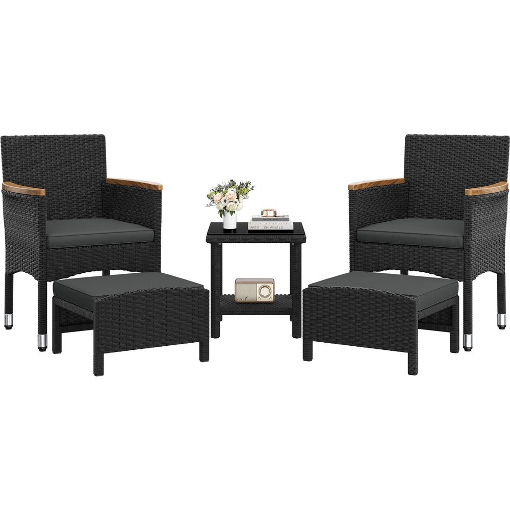 Yaheetech Gartenlounge-Set 5er Garten-Set in Rattan-Optik, mit 2 Sessel & 2 Fußhocker & 1 Kaffeetisch für Garten/Hof/Balkon