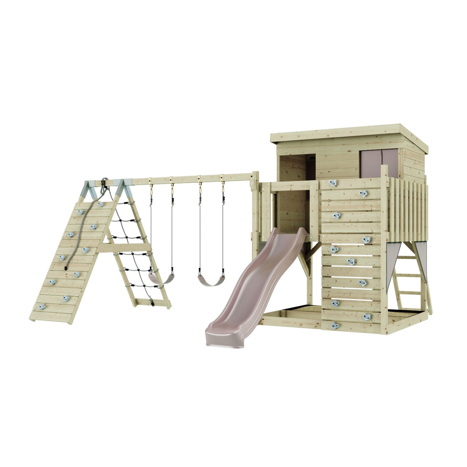 OutdoorToys Spielturm Aksel aus Holz in Altrosa mit Kinderschaukel & Rutsche, Kletterwand, aus Holz in Altrosa mit Kinderschaukel & Rutsche, Kletterwand