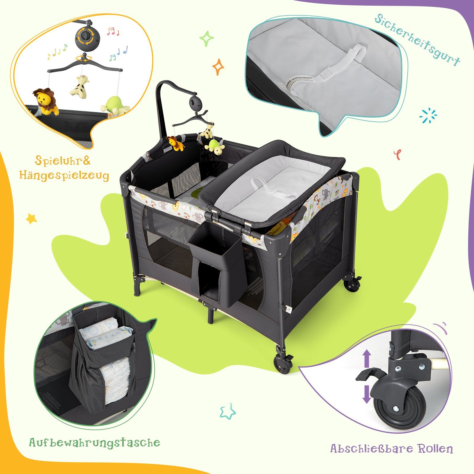 COSTWAY Baby-Reisebett 4 in 1 Wickeltisch, höhenverstellbar mit Matratze, S günstig online kaufen