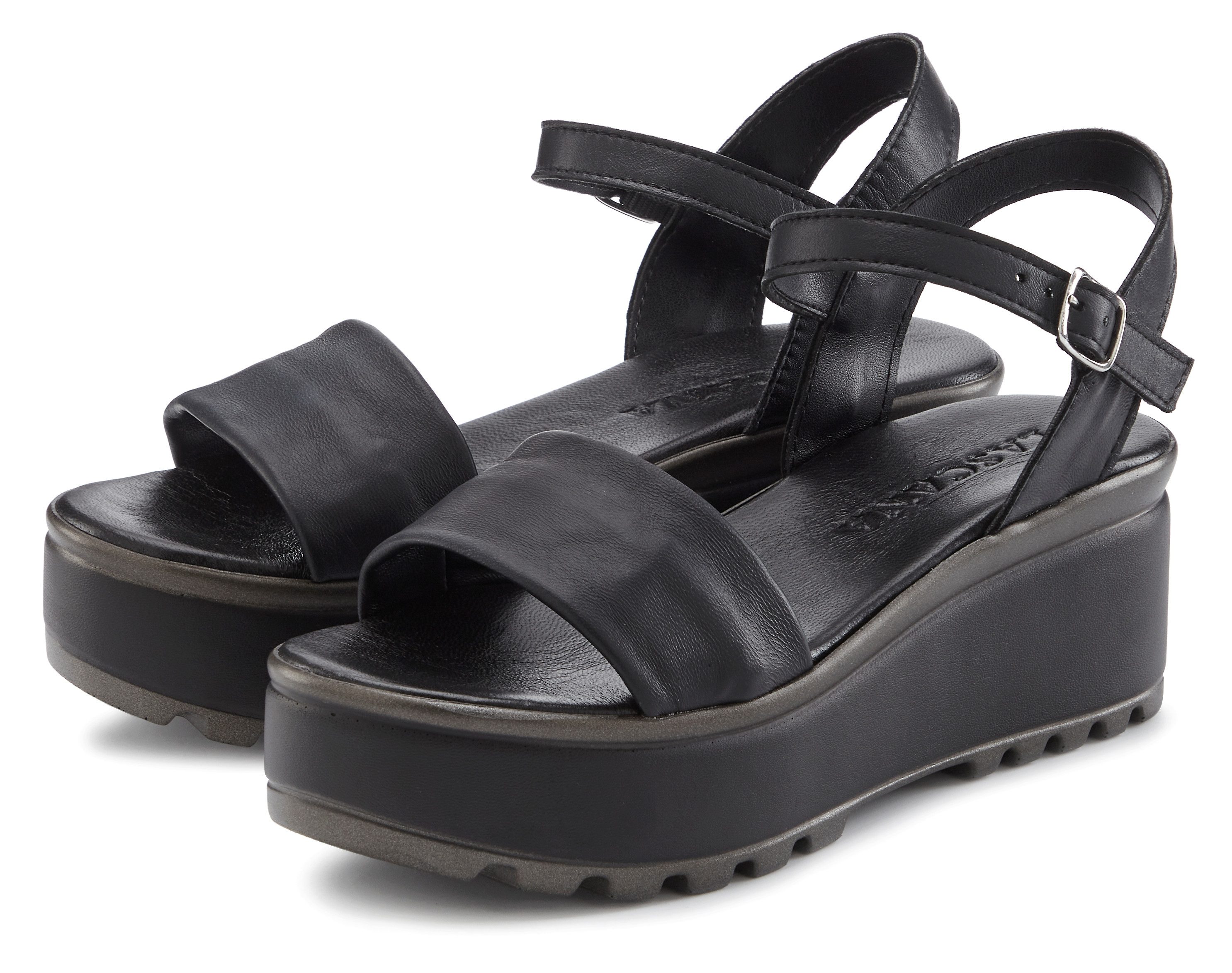 LASCANA Riemchensandalette, Sandale, Sommerschuh, offener Schuh, Sandalette NEU aus Leder mit Keilabsatz