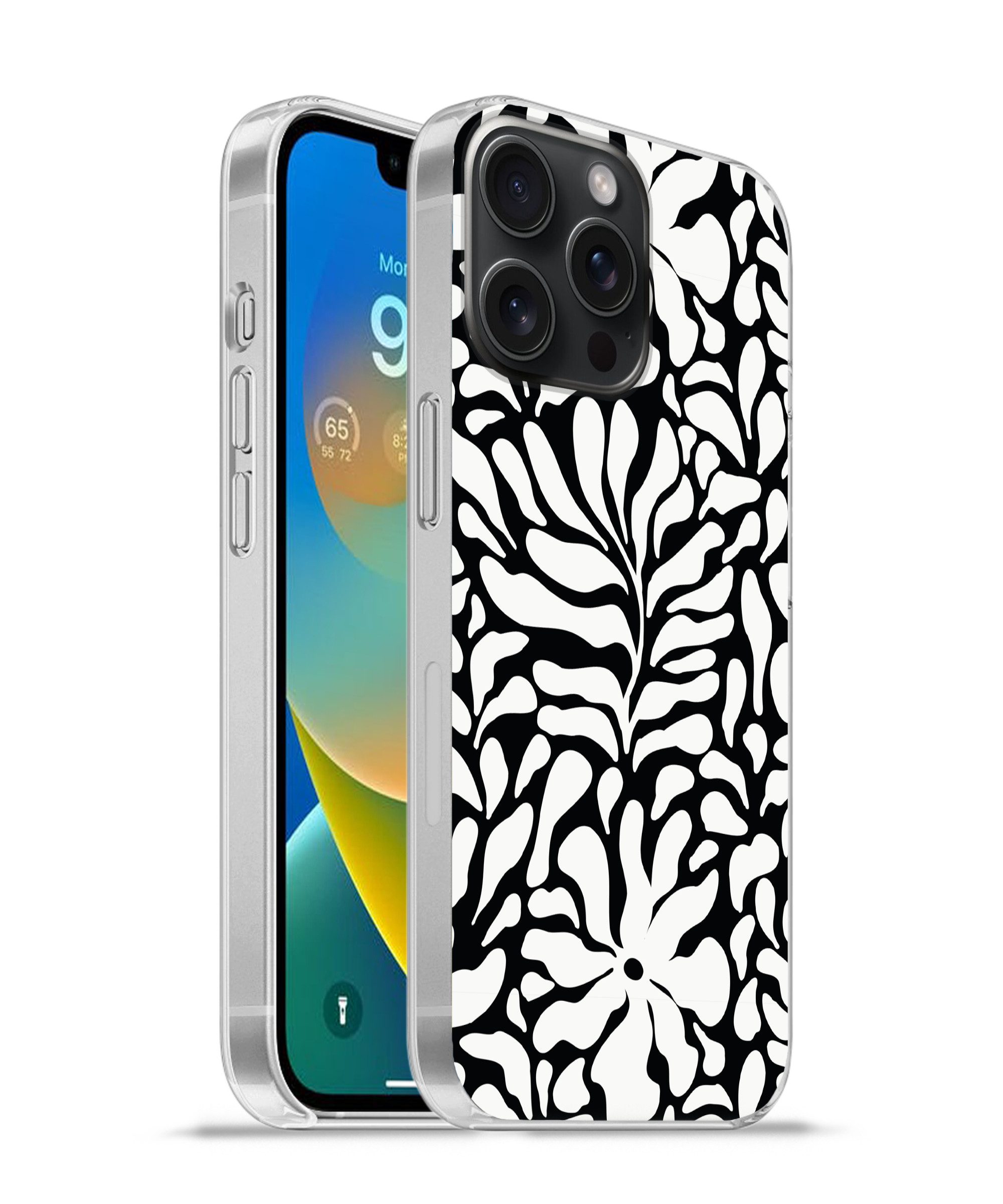 MuchoWow Handyhülle für Apple iPhone 15 Pro Max Blumendruck - Schwarz - Weiß - Blätter, Smartphone-Bumper, Print, Handy Schutzhülle Dünn