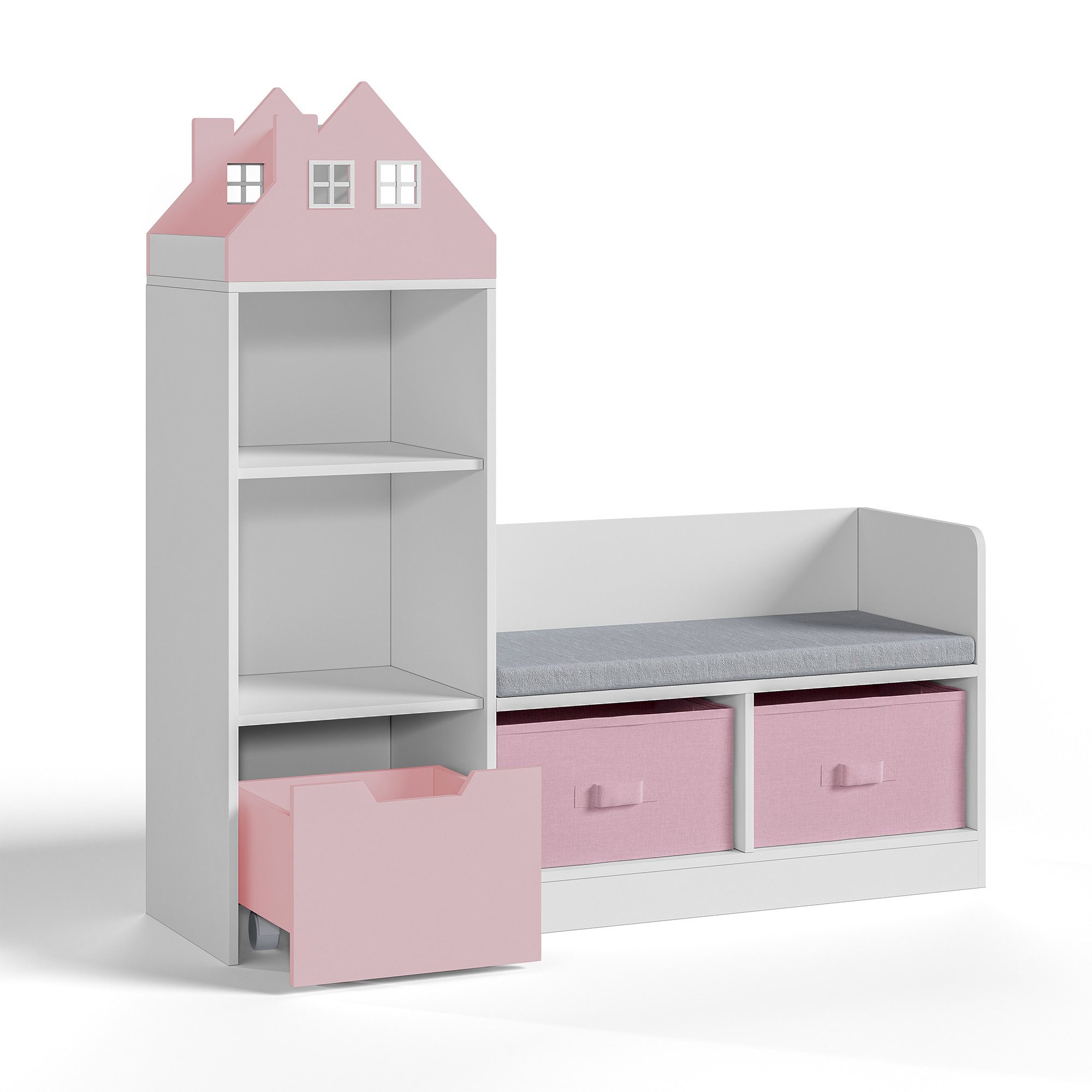 en.casa Sitzbank, mit Regal für Kinder »Vipsali« mit 2 Faltboxen 100x99x30 cm Rosa/Weiß