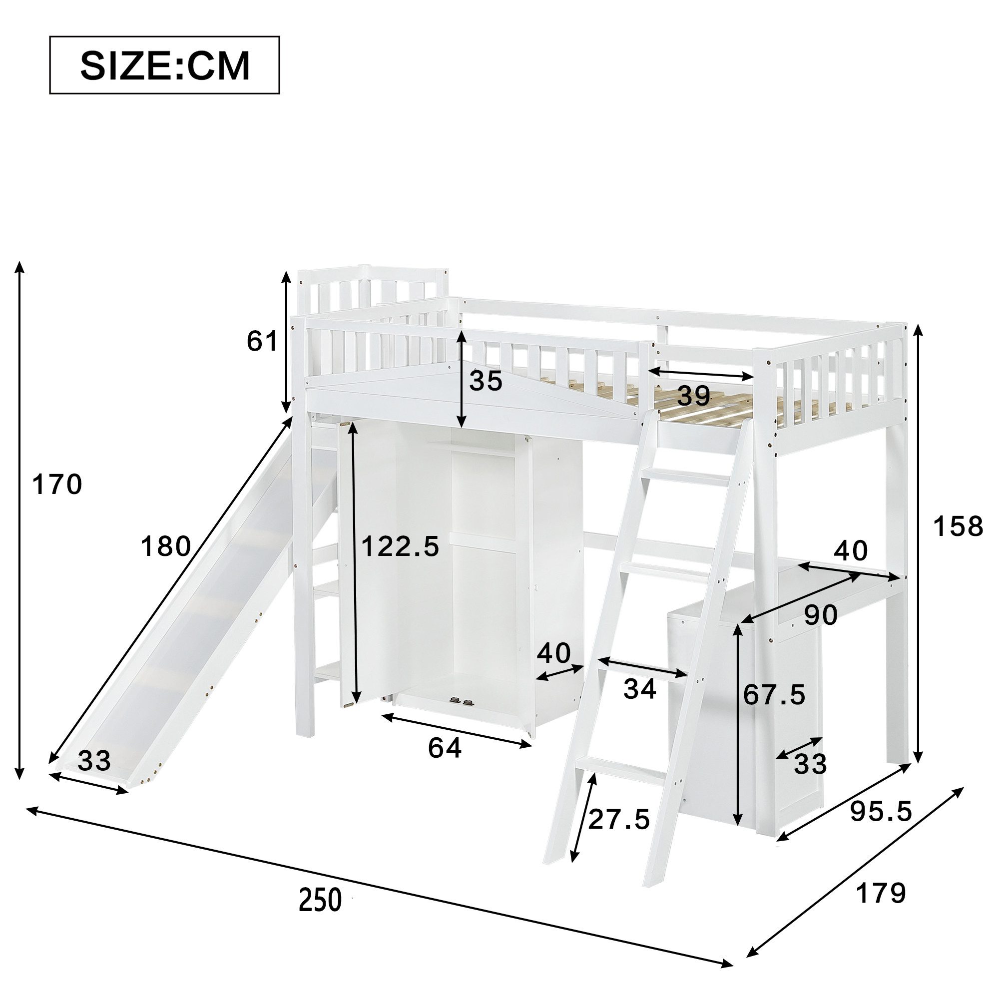 Merax Hochbett (Kieferholz Etagenbett Jugendbett Einzelbett mit Fallschutzgitter, 1-St) Kinderbett 90x200cm mit Schreibtisch Rutsche Kleiderschrank & Regalen
